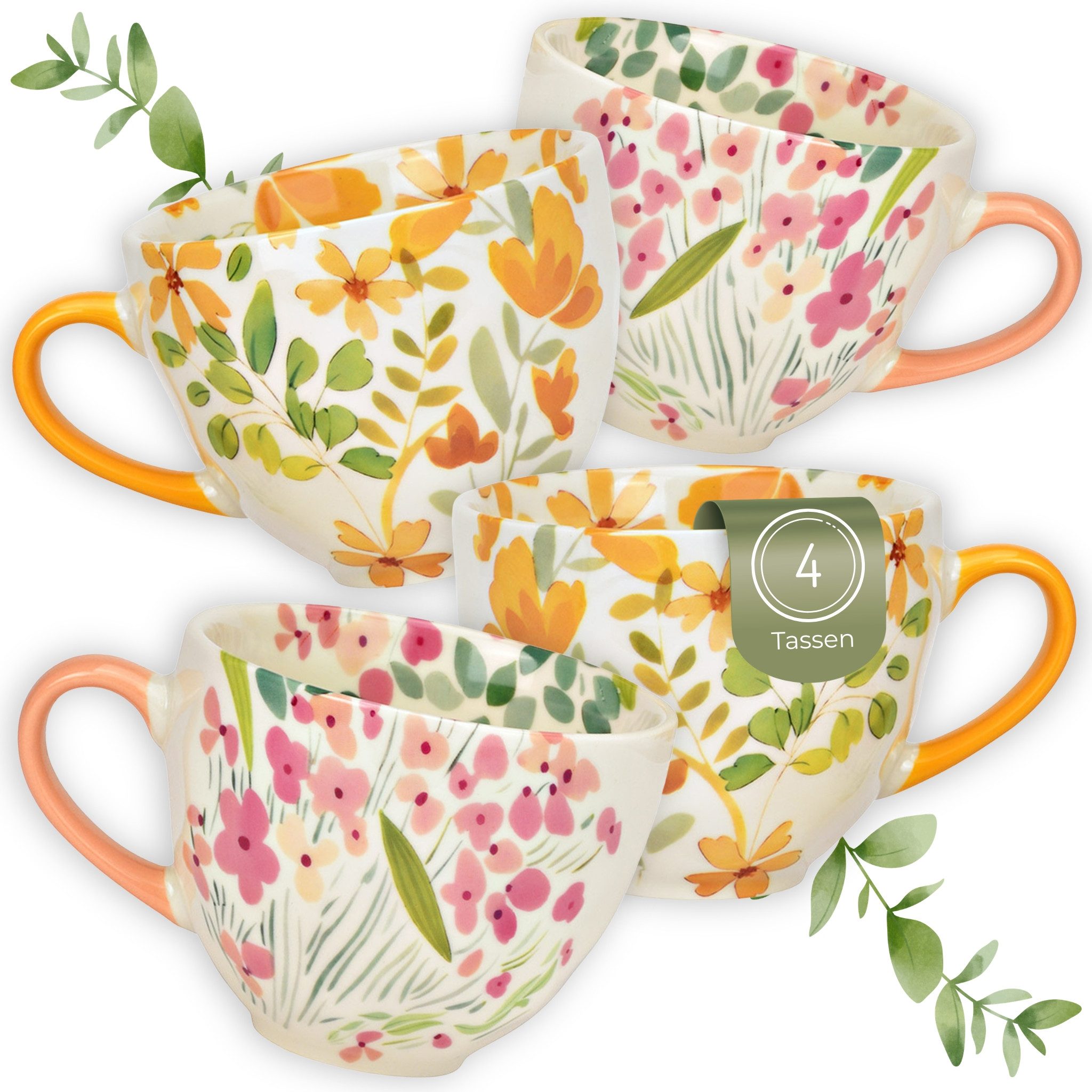 matches21 HOME & HOBBY Tasse Jumbo Kaffeetassen Blumen Dekor, 4er Set XXL Tassen Gelb Rosa, 4-tlg., Porzellan, Große Frühstückstasse 480 ml