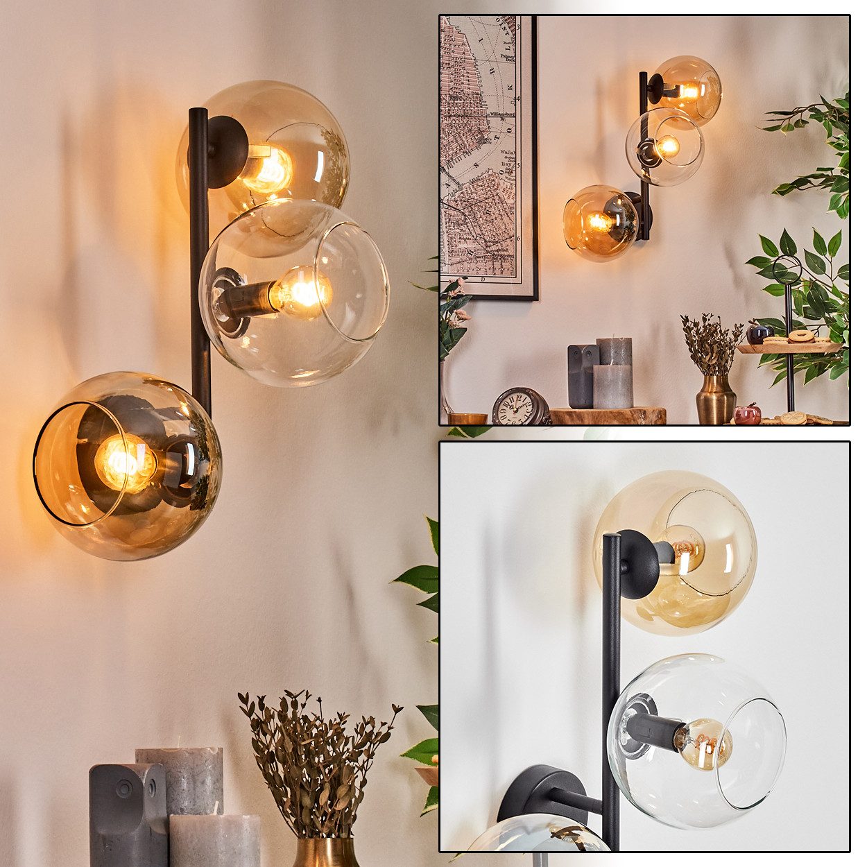 hofstein Wandleuchte Wandlampe aus Metall/Glas in Schwarz/Bernstein/Klar, moderne Leuchte im Retro/Vintage-Design (Schirme Ø 15 cm), E14
