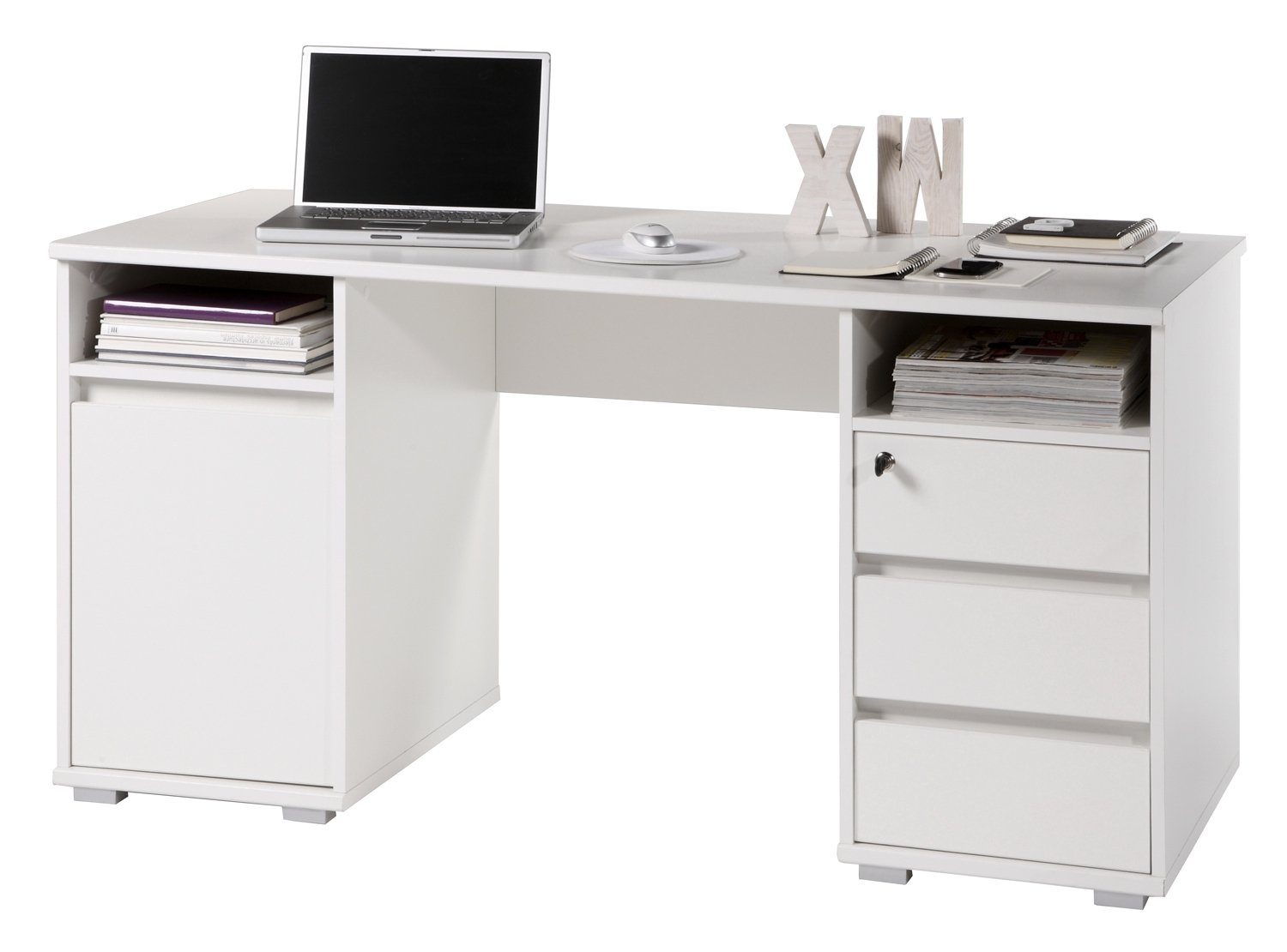 Schreibtisch Computertisch PRIMUS, Weiß, 1 Tür, 3 Schubladen, oberste  Schublade abschließbar, B 145 x H 74 x T 65 cm