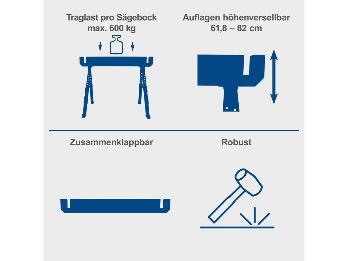 Scheppach Sägebock MWB600, 1200 kg max. Belastbarkeit, (Set, 2-St), Arbeitshöhe von 61,8 cm bis 82 cm anpassbar