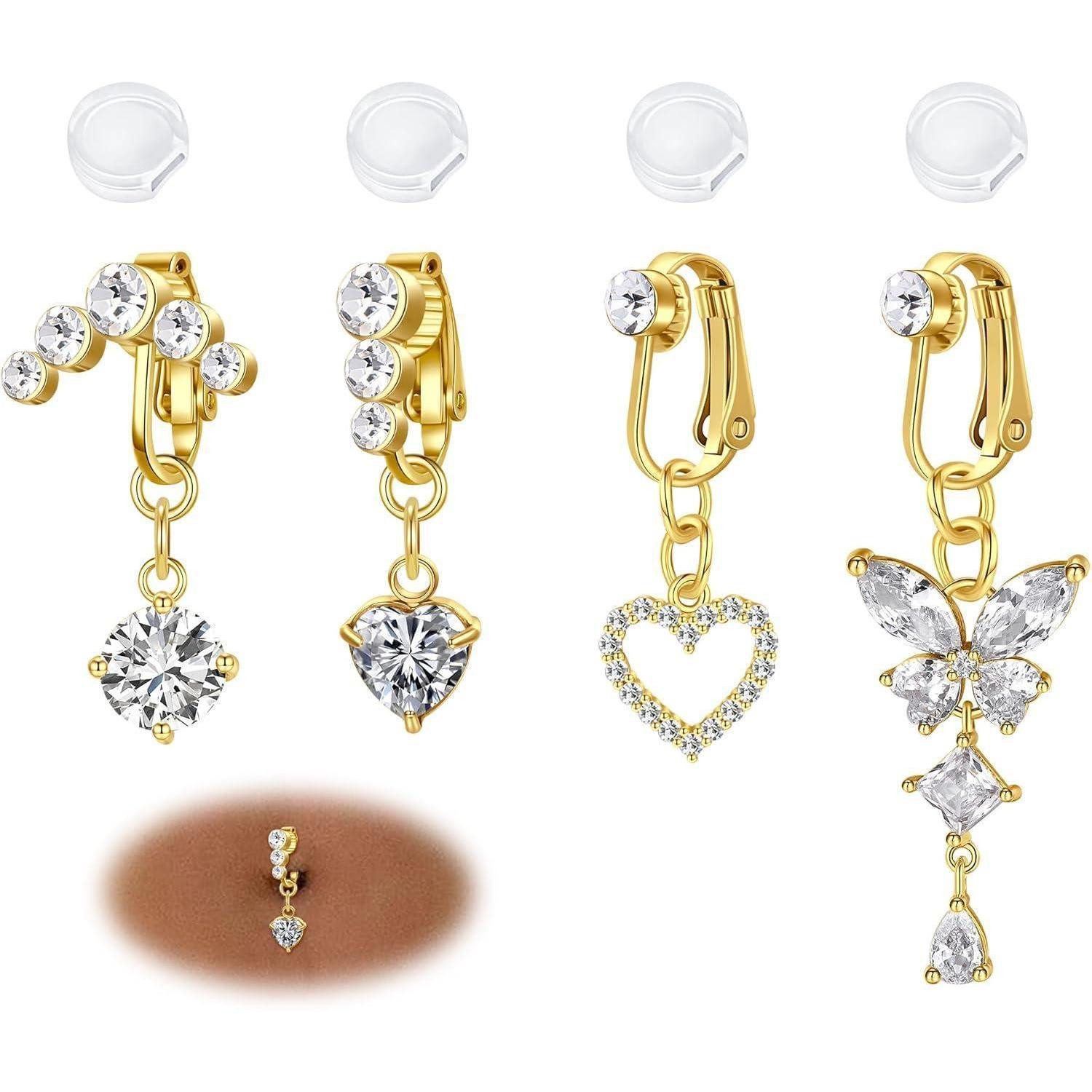 LuxusKollektion Bauchnabelpiercing-Set 4stk Fake Bauchnabelringe Herz Schmetterling Silber Gold