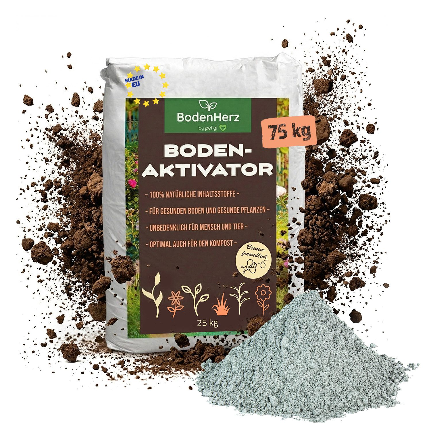 Petigi Bodenverbesserer BodenHerz Bodenaktivator Bodenverbesserer Garten Rasen 25-100kg, 3x 25 kg Sack