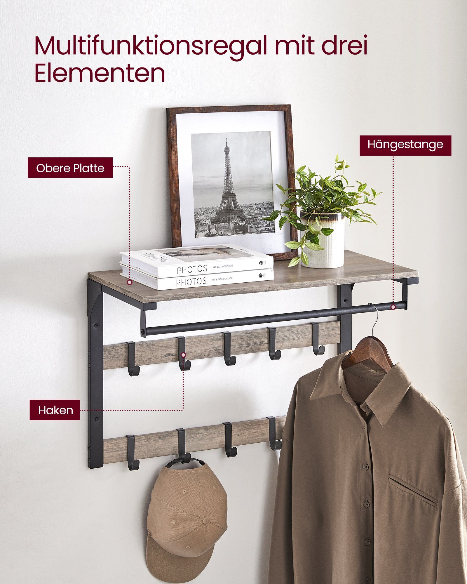 VASAGLE Wandgarderobe Wandregal mit 10 abnehmbaren Haken – Bild 5 von 5