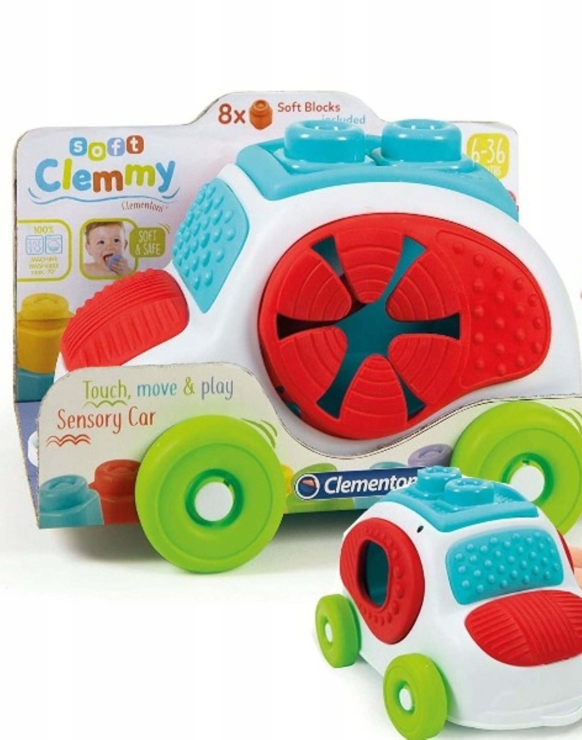 Spielzeug-Auto Clemmy Soft Auto mit Bausteinen – Weiche Sensorik-Klötze für Babys