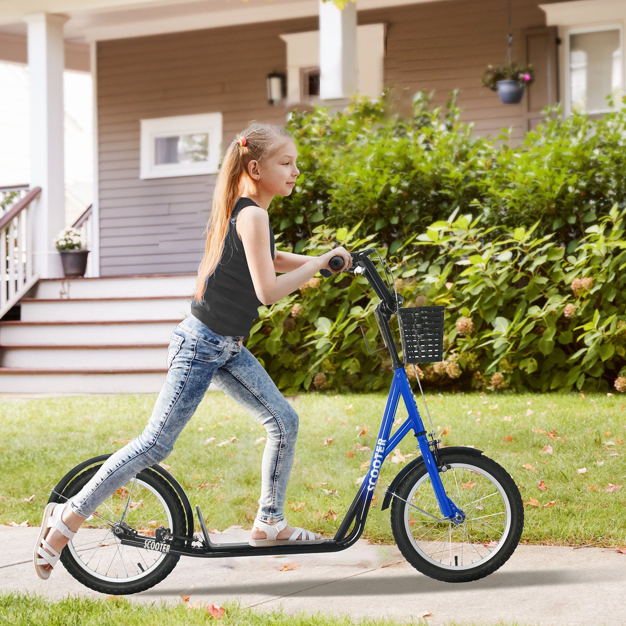 HOMCOM Cityroller Kickscooter inkl. Korb, höhenverstellbar, für Kinder 5-12 Jahren, 1 km/h, (Roller, 1 tlg., Kickscooter), für 5-12 Kinder, Blau+Schwarz