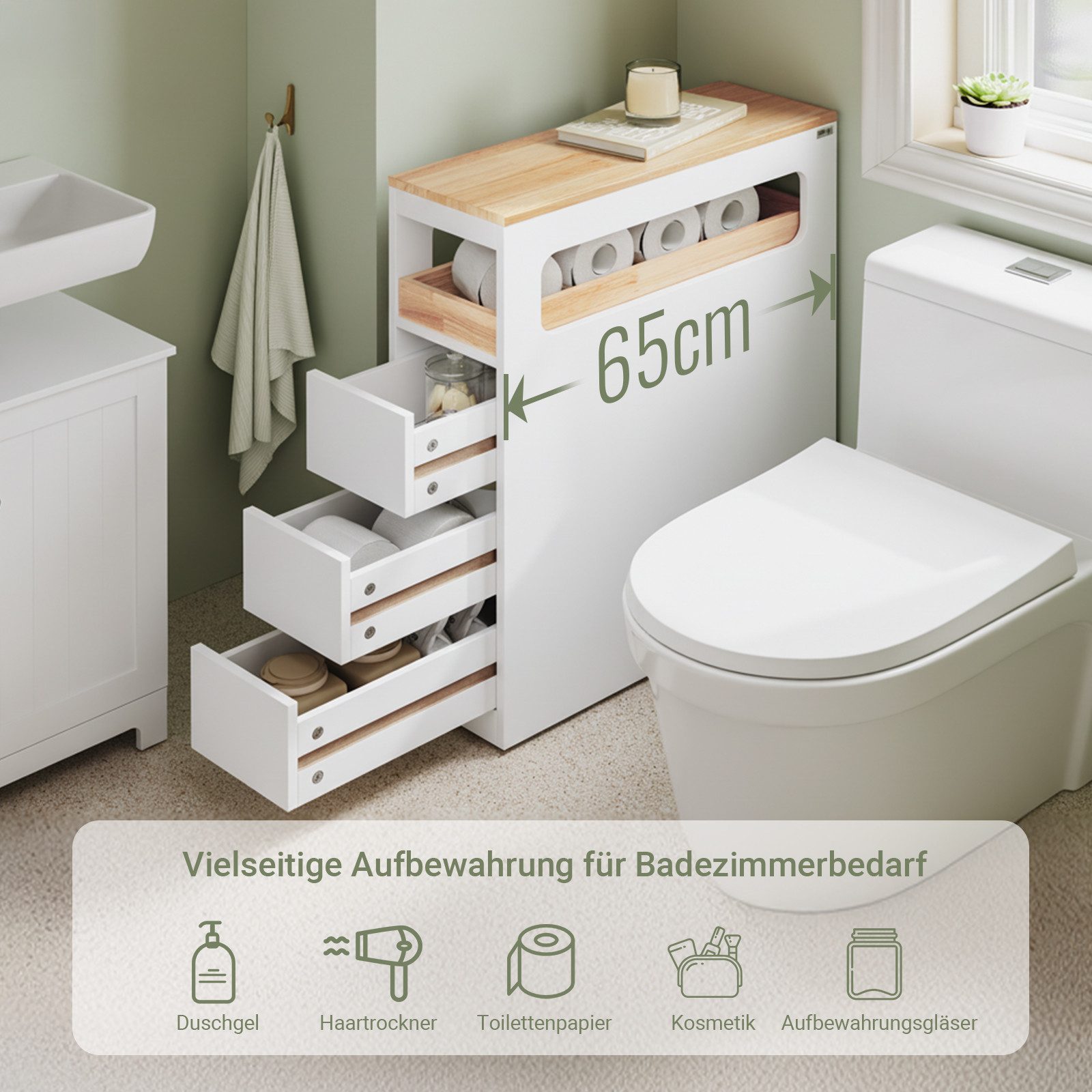SoBuy Beistellwagen BZR54, Badezimmerschrank mit Rollen, Badschrank schmal, Kommode, Küchenwagen schmal Nischenwagen Badezimmerregal mit Rädern, ausziehbar