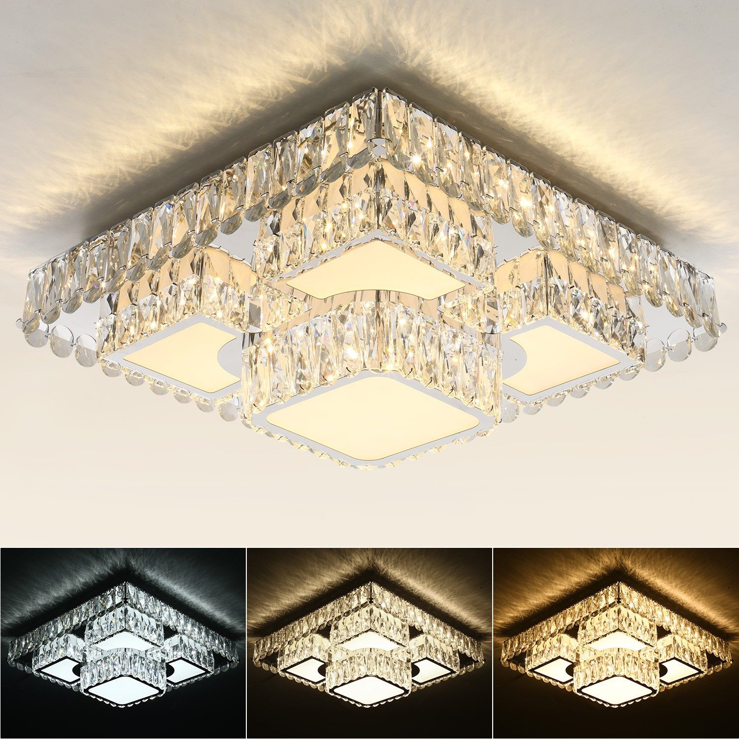 oyajia LED Deckenleuchte 60W LED Deckenleuchte Kristall K9 Edelstahl mit Fernbedienung dimmba, LED fest integriert, warmweiß, kaltweiß, neutralweiß, Lichtfarbe und Helligkeit mit Fernbedienung, 50x50x20cm