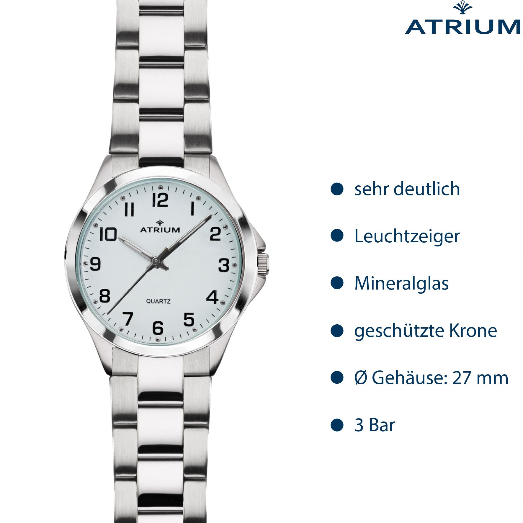 Atrium Quarzuhr A11-30 Damen Armbanduhr Edelstahlband, analog klassisch schlicht modern deutlich Geschenk Ø 27 mm