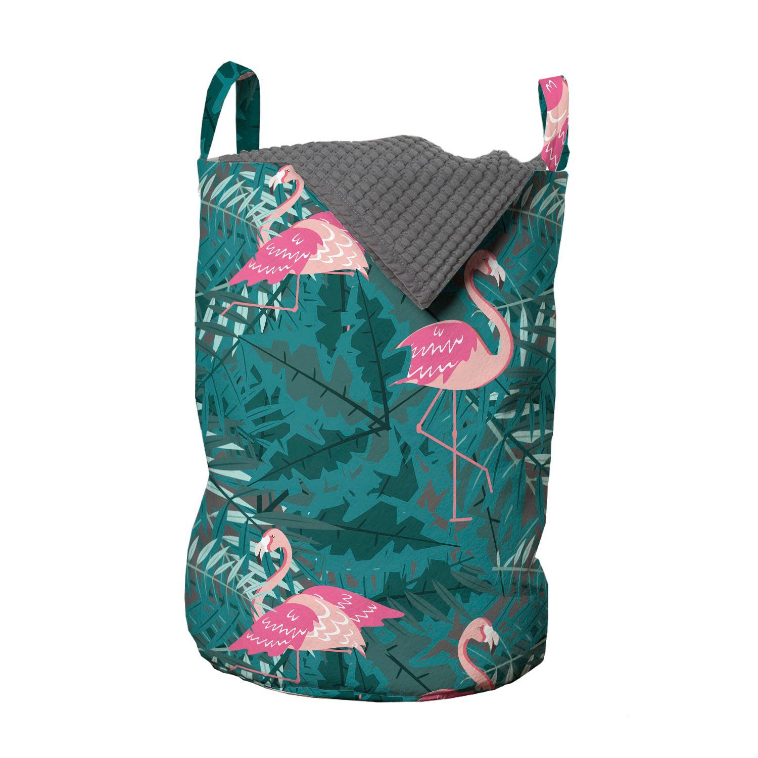 Abakuhaus Wäschesäckchen Wäschekorb mit Griffen Kordelzugverschluss für Waschsalons, Flamingo Tropic Vögel auf Blätter