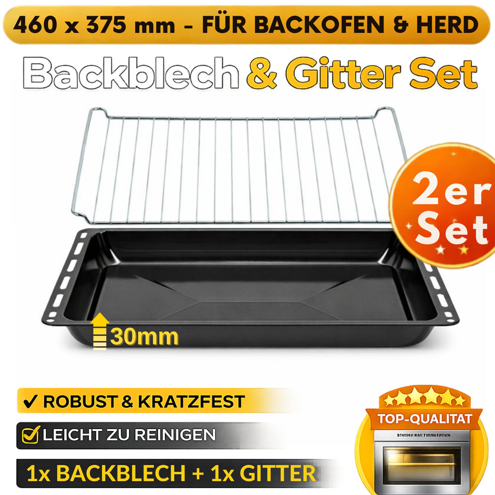 ICQN Backblech 460 x 370 mm, Fettpfanne, Emaille, (Set, 2-St., Backbleche & -Gitter), Verchromt Backofenrost und Emaille Backblech, Gitterrost 46 x 37.5 cm