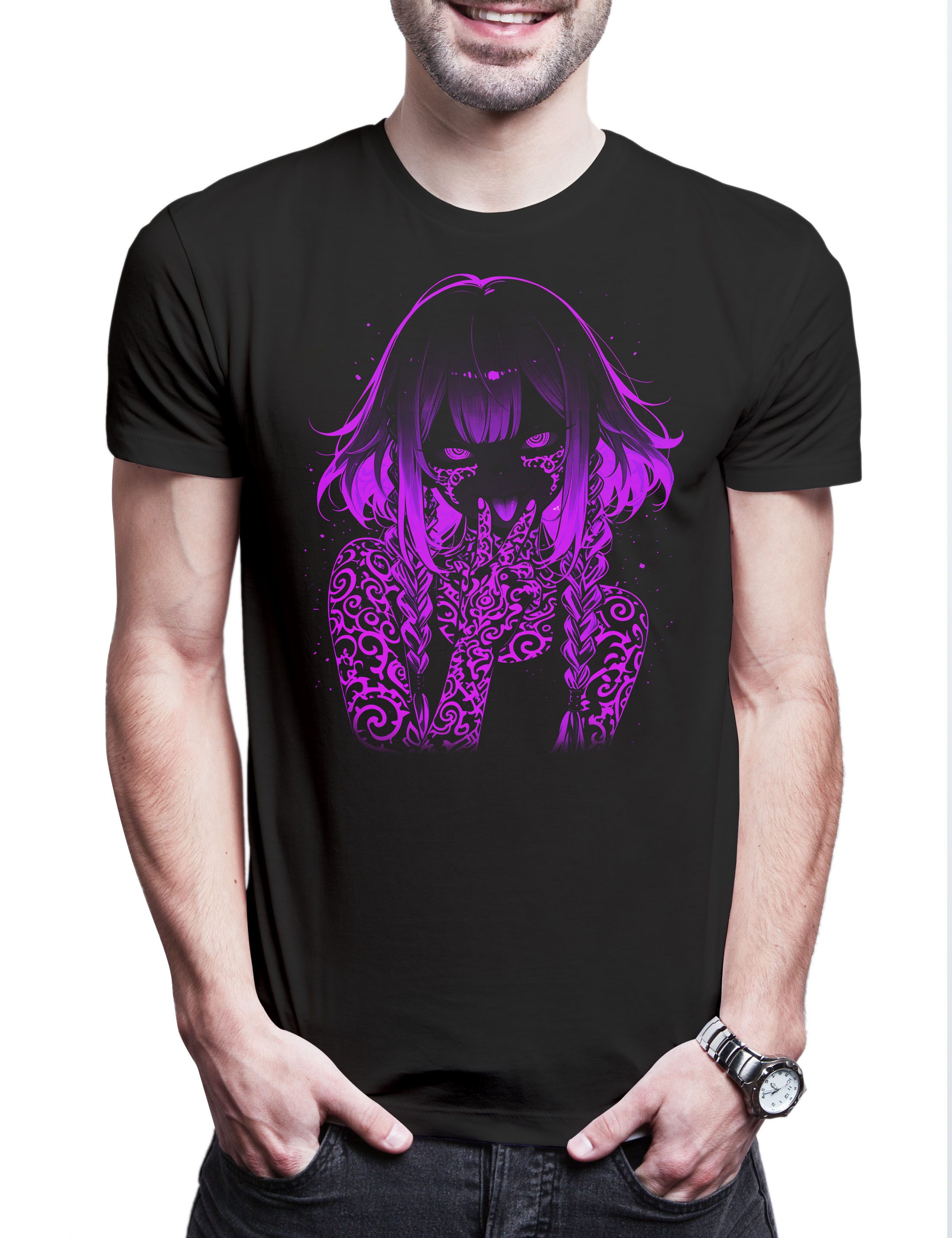 Urban Backwoods Print-Shirt Tattoo Girl Glow 3 Herren T-Shirt Anime Pin Up Rockabella Waifu Manga (1-tlg) Burlesque Japanese Aesthetic Kawaii