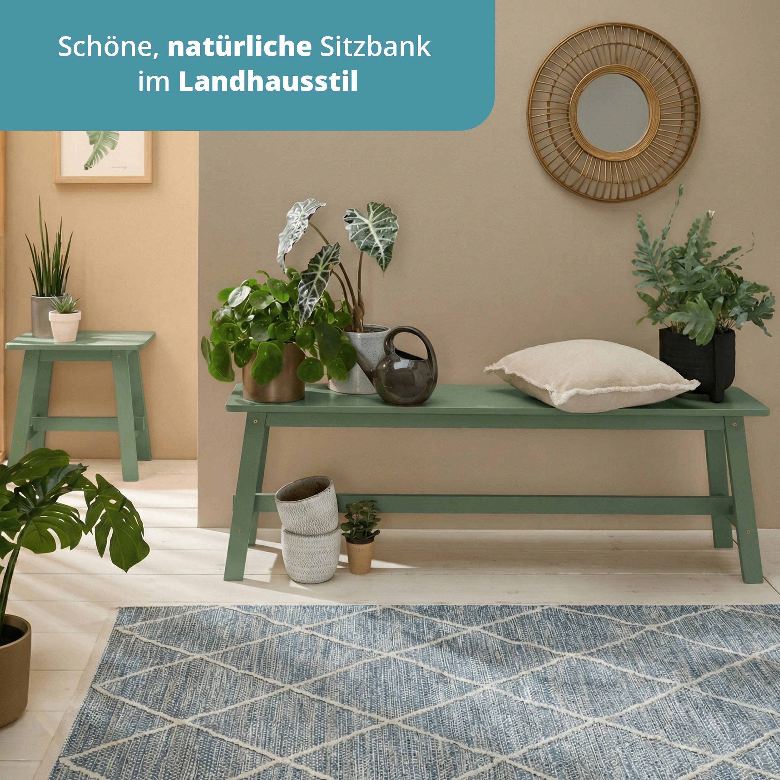 KHG Sitzbank Dekobank Grün für 2-3 Personen, Skandi Look, bis 200 kg belastbar, lackiert, pflegeleicht, Massivholzgestell