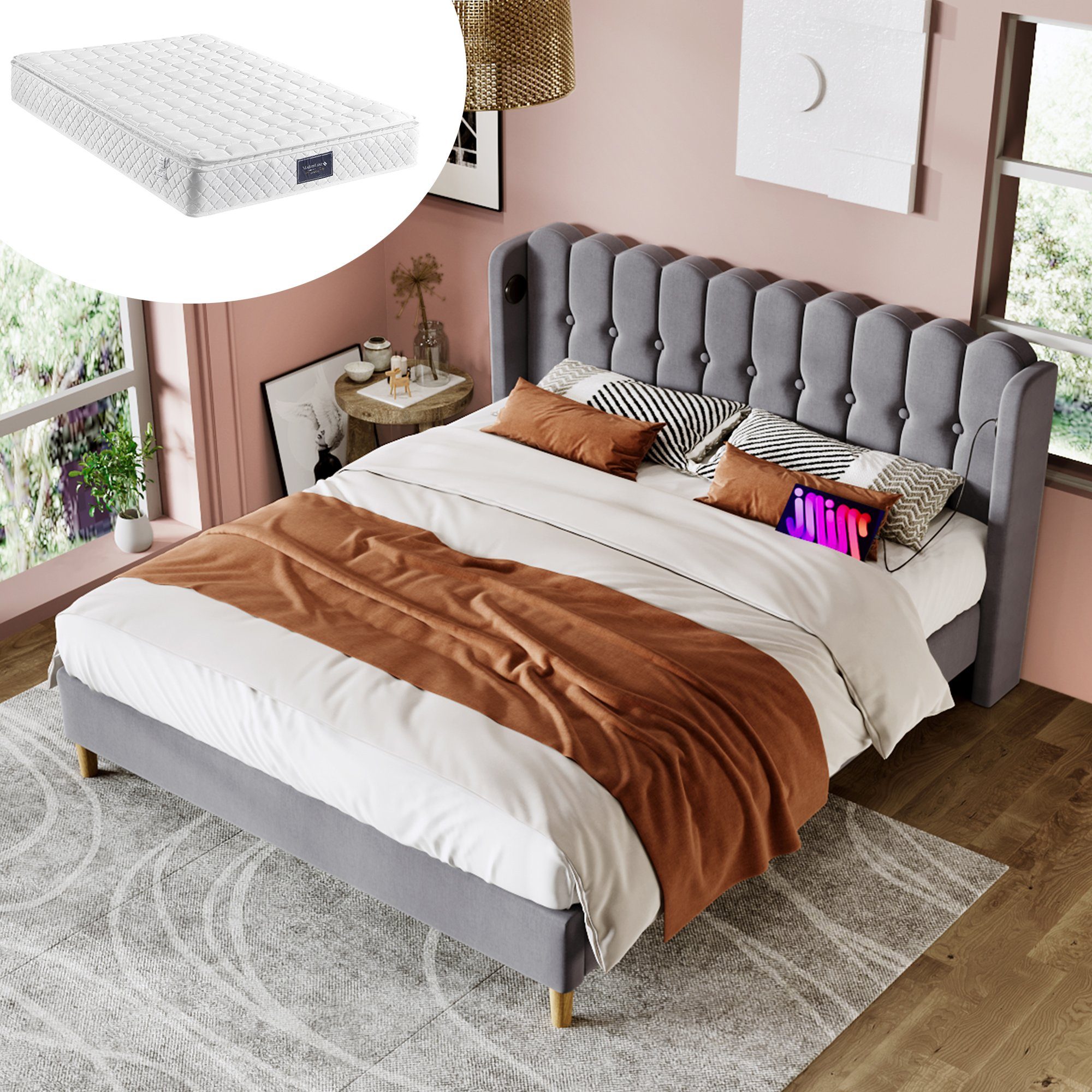 Polsterbett (mit Matratze), Doppelbett mit USB Typ C Ladefunktion, 140x200 cm, Leinen