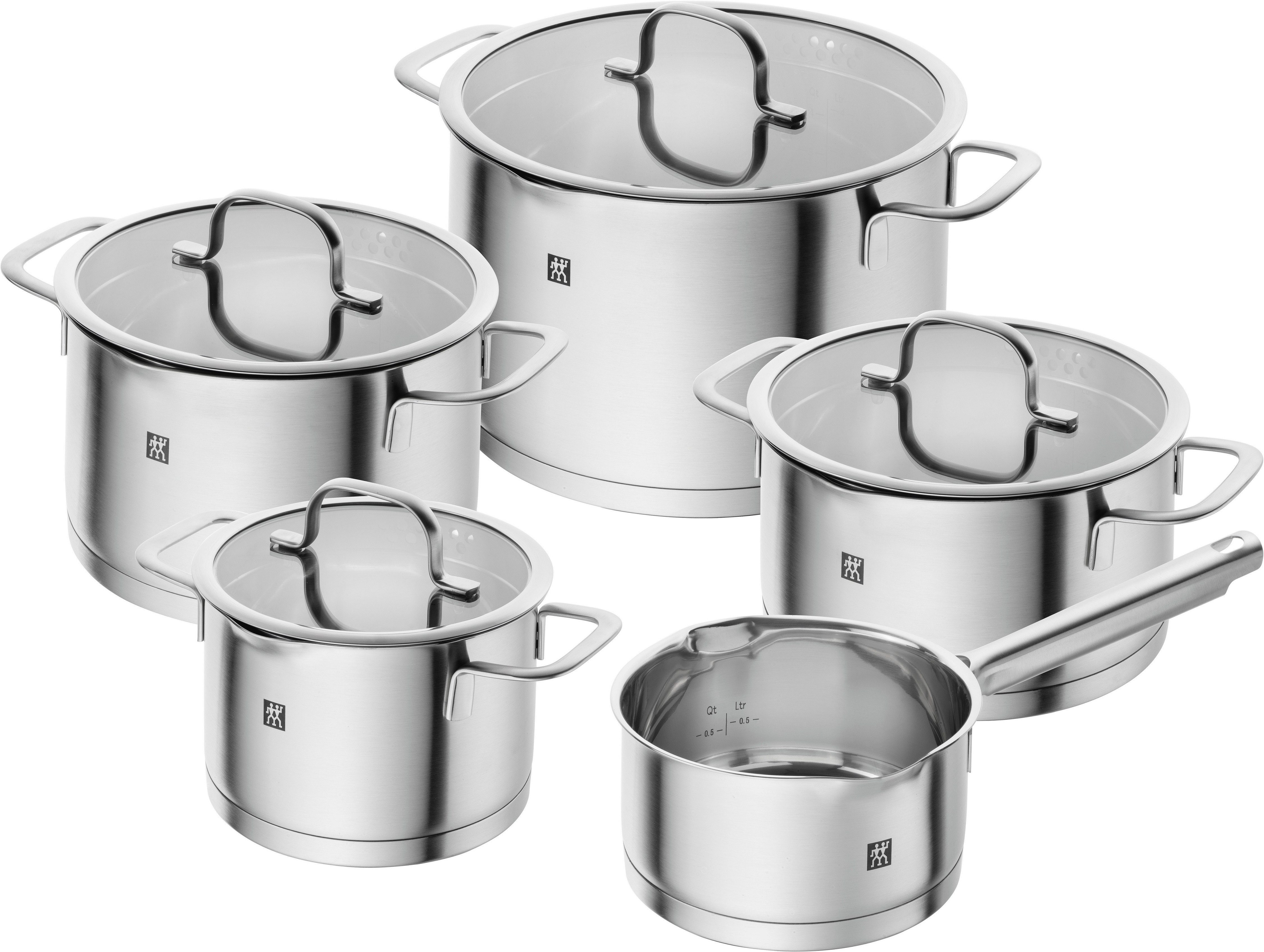 Zwilling Topf-Set TrueFlow, Edelstahl (Set, 5-tlg), 18/10 Edelstahl, integrierte Siebfunktion, Induktion, 5-tlg.