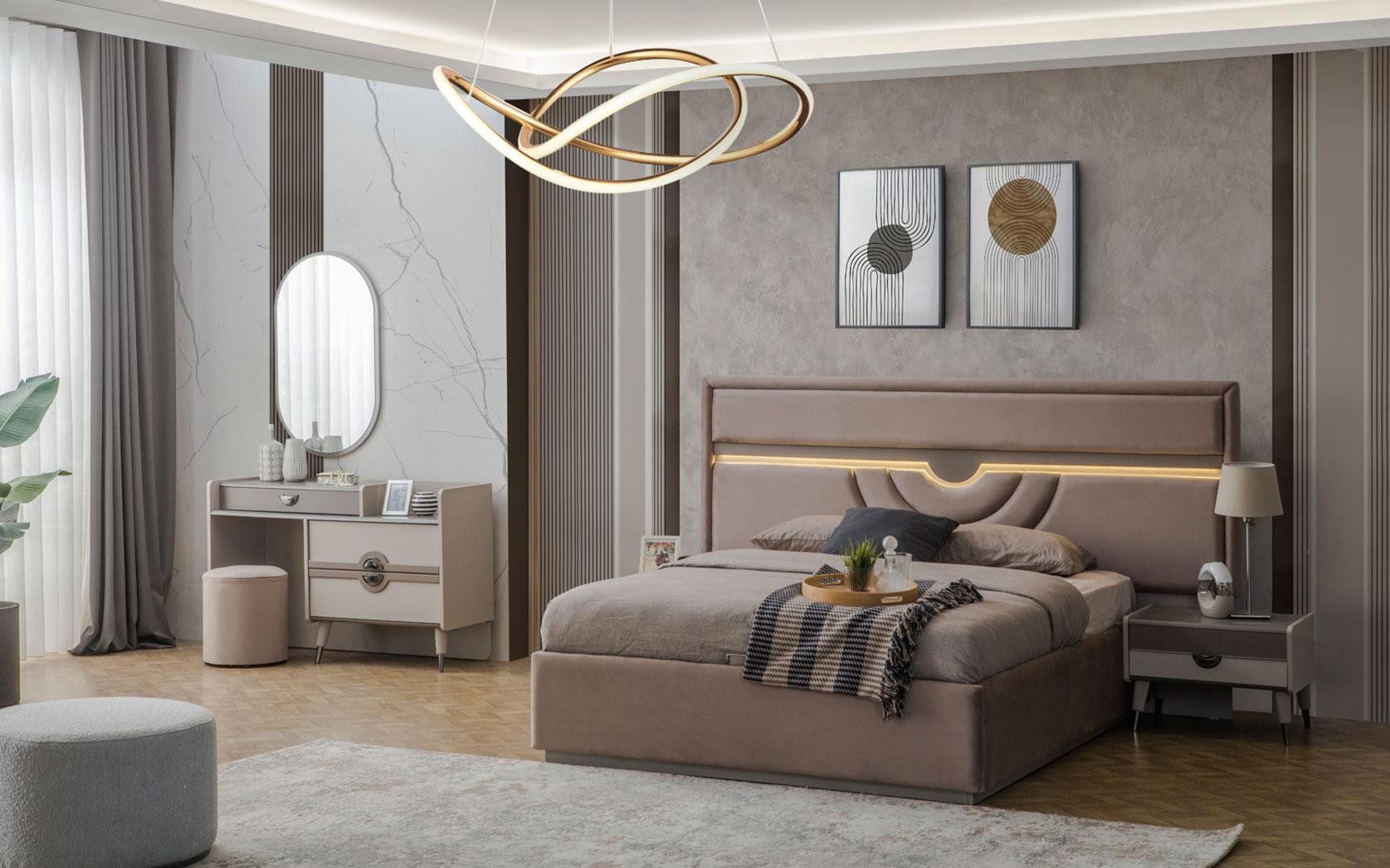 Schlafzimmer-Set Garnitur Doppelbett Bett Nachttische Beige 6tlg Schminktisch Moderne
