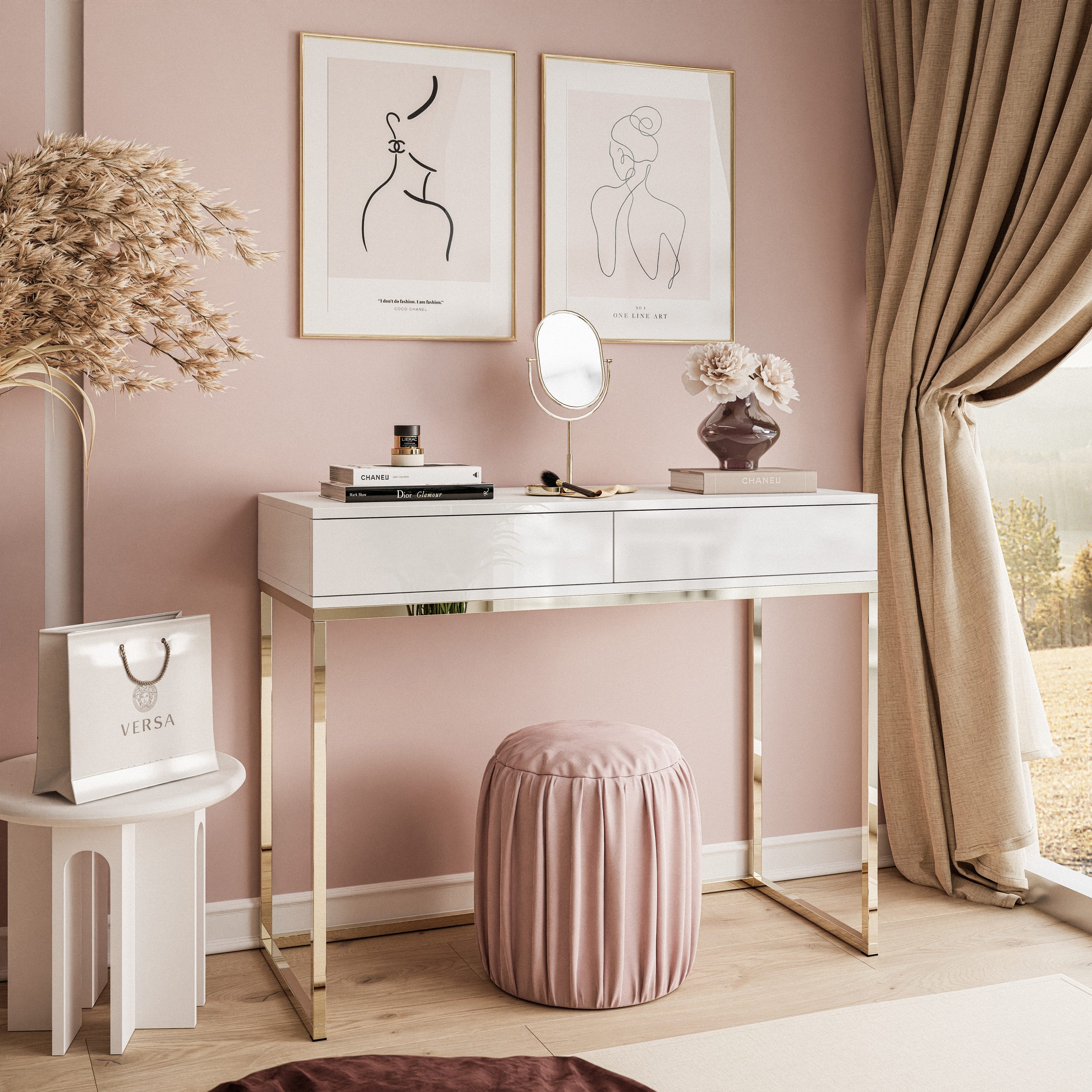 Lookway Konsolentisch BLANCO mit Schubladen Gold Chrom