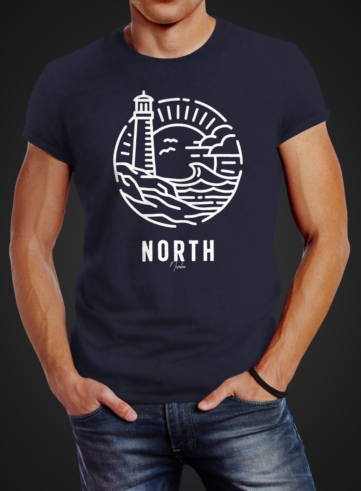 Leuchtturm North Art Slim Welle maritim navy Neverless® Outline Logo Herren Fit mit Neverless Print Aufdruck Print-Shirt T-Shirt