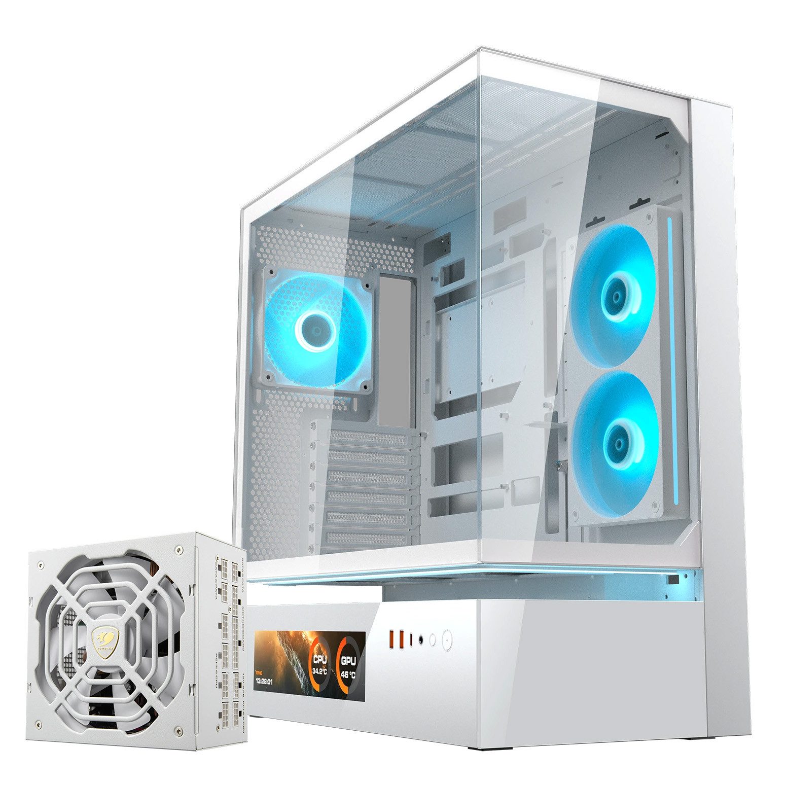 Cougar Gaming-Gehäuse CFV235 Vision, Midi-Tower, USB/Audio, 1x USB-C 3.2 Gen2, 2x USB 3.0, Netzteil GR 1000 80+ Gold vorinstalliert, ATX, 2 Lüfter vormontiert