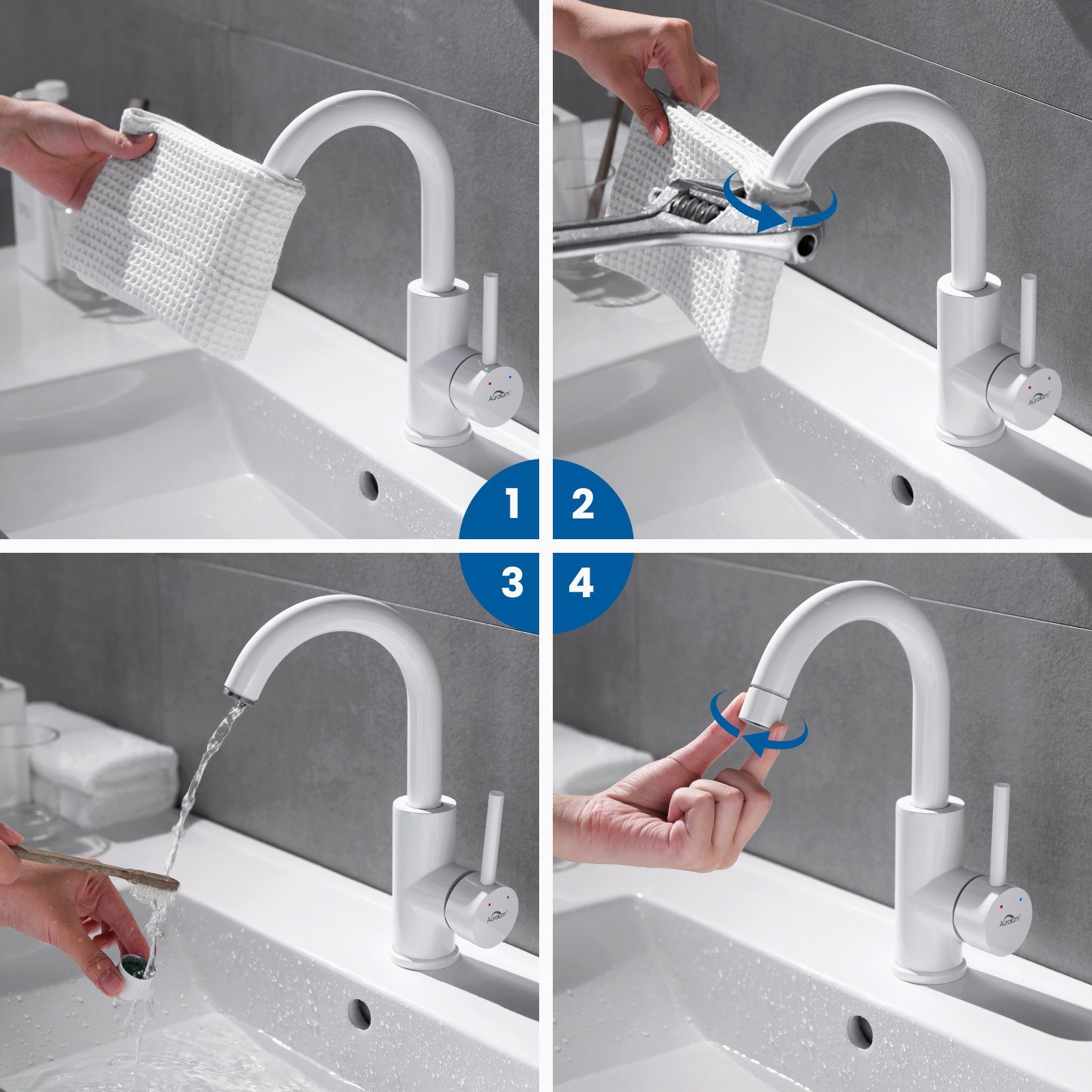 Waschtischarmatur Bad Gäste-WC Weiß Mischbatterie Badarmatur 360° für Auralum Wasserhahn Badezimmer, Waschbecken Einhebel