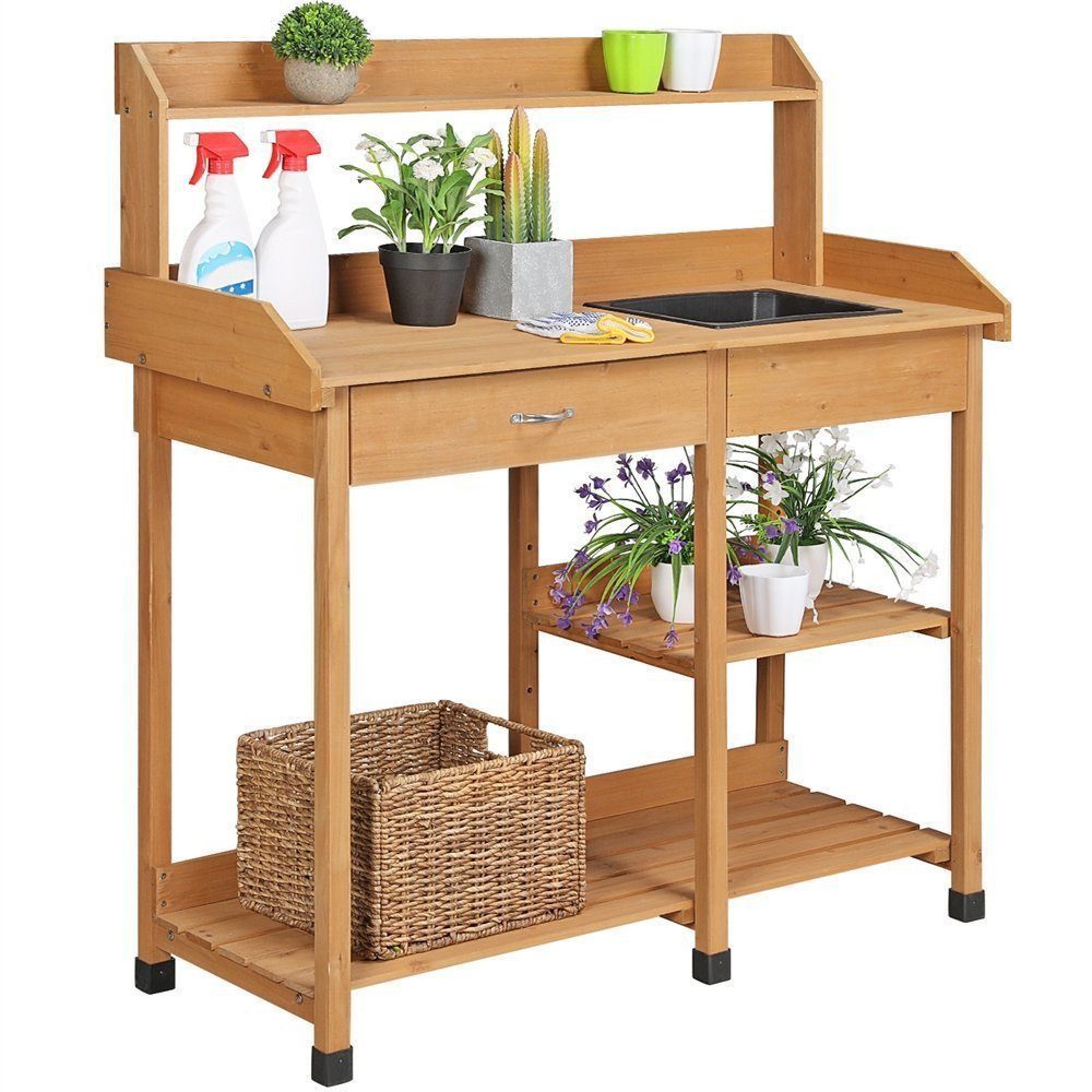 Yaheetech Pflanztisch mit Waschbecken & Verstellbaren Ablagefläche & Schublade, Gärtnertisch für den Garten/Terrasse/Balkon