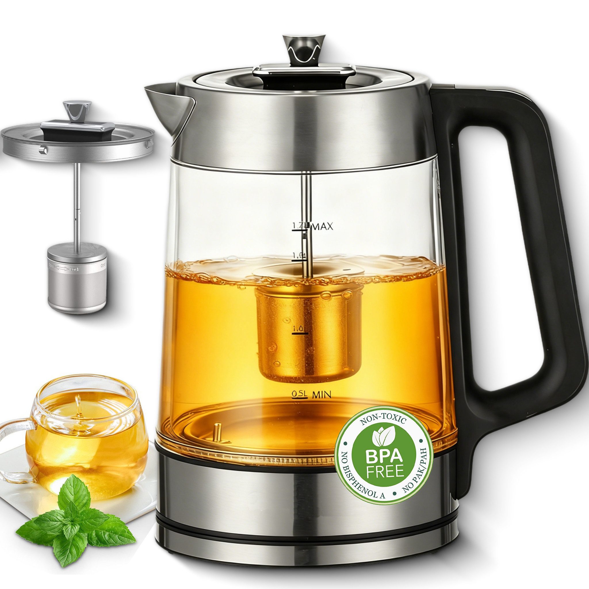 Forrlite Wasserkocher Wasserkocher aus Glas&Edelstahl, mit Temperatureinstellung und Teesieb, 3000 W, Temperaturwahl 0 °C- 100 °C, Warmhaltefunktion, LED‑Farbring,BPA‑frei