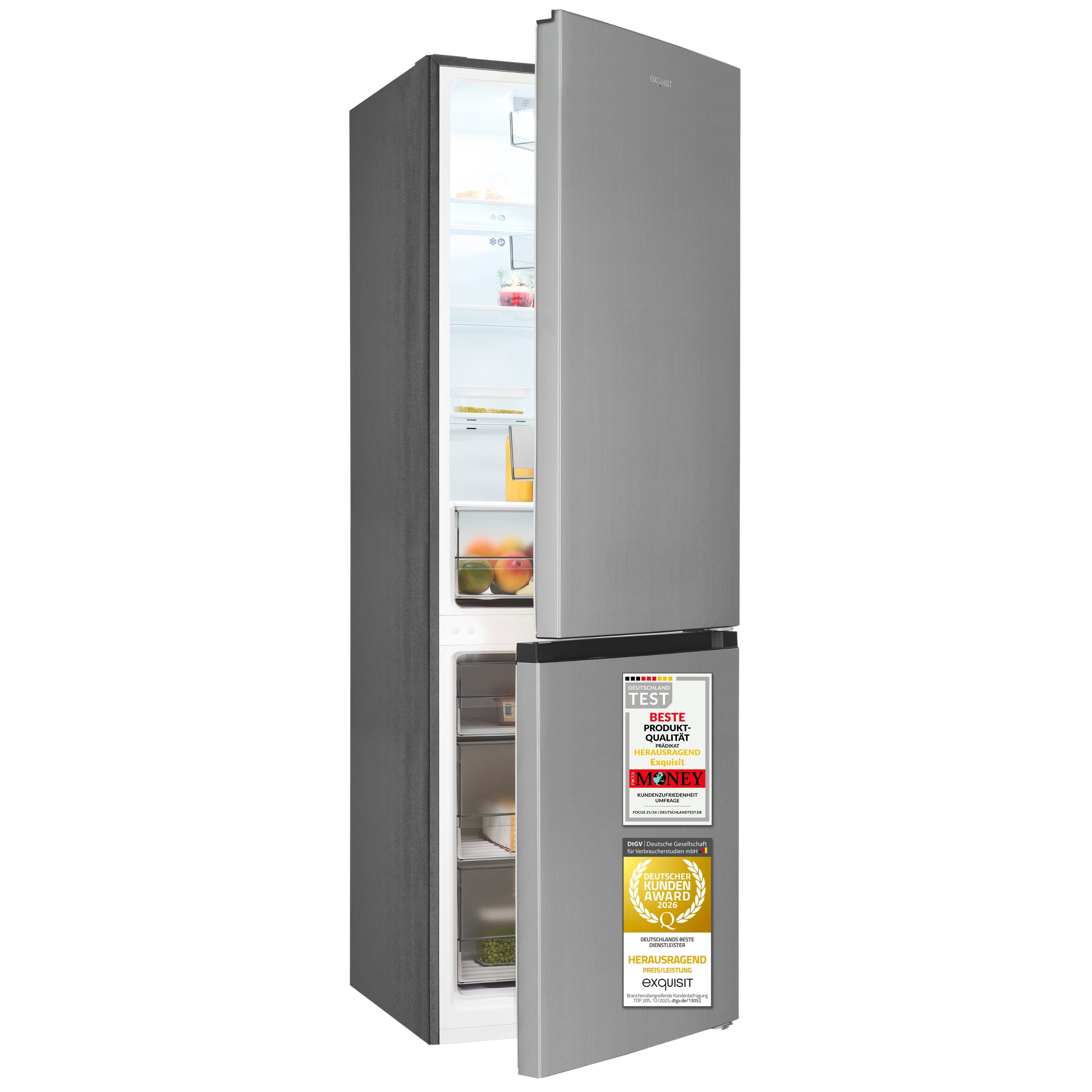 exquisit Kühl-/Gefrierkombination KGC5400-130-NF-040D, 186 cm hoch, 60 cm breit, 400 l, LED Beleuchtung, 37 dB Geräuschklasse C