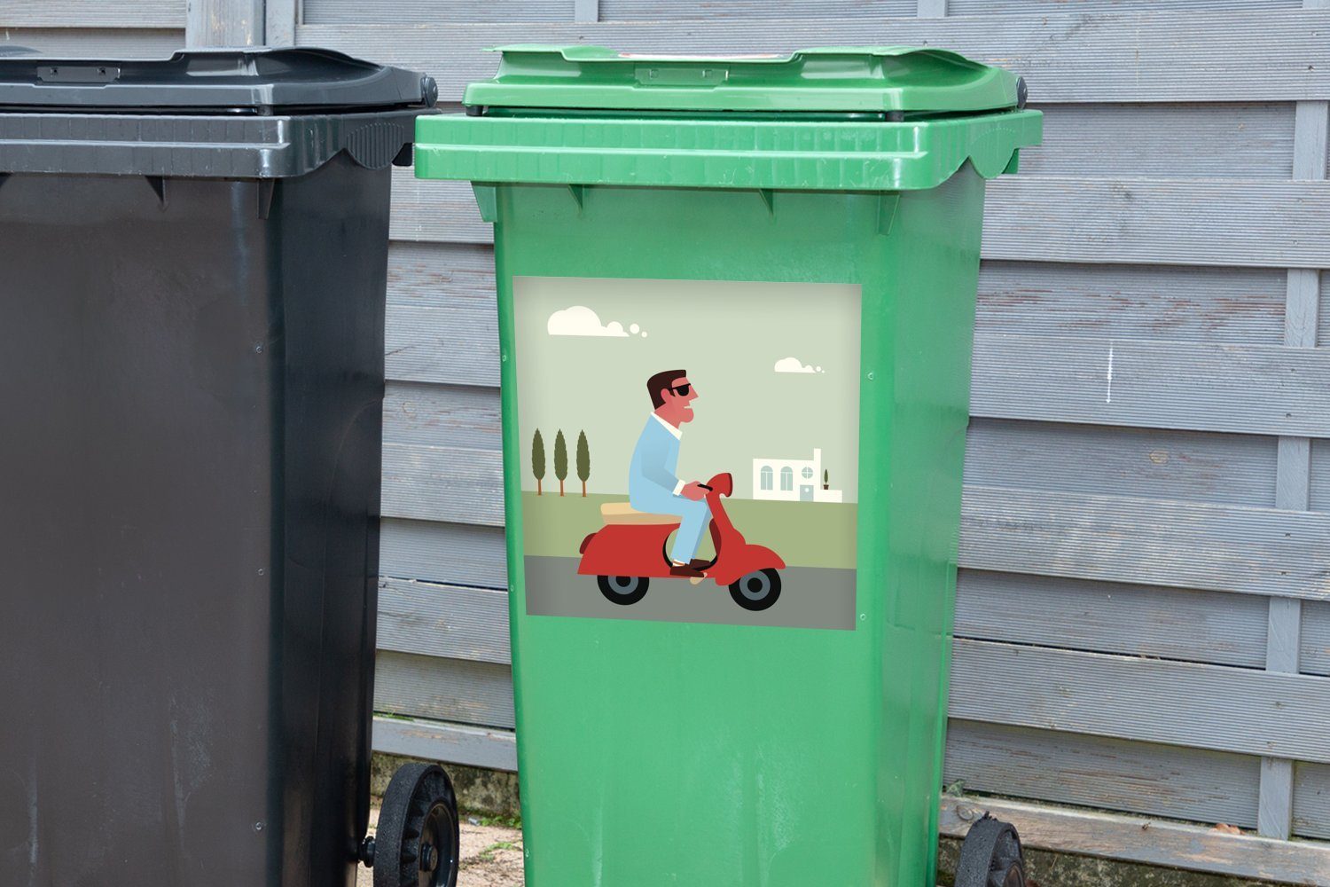 (1 roten Sticker, einer MuchoWow Abfalbehälter Vespa Wandsticker Mülltonne, Mannes eines auf Container, St), Mülleimer-aufkleber, Illustration