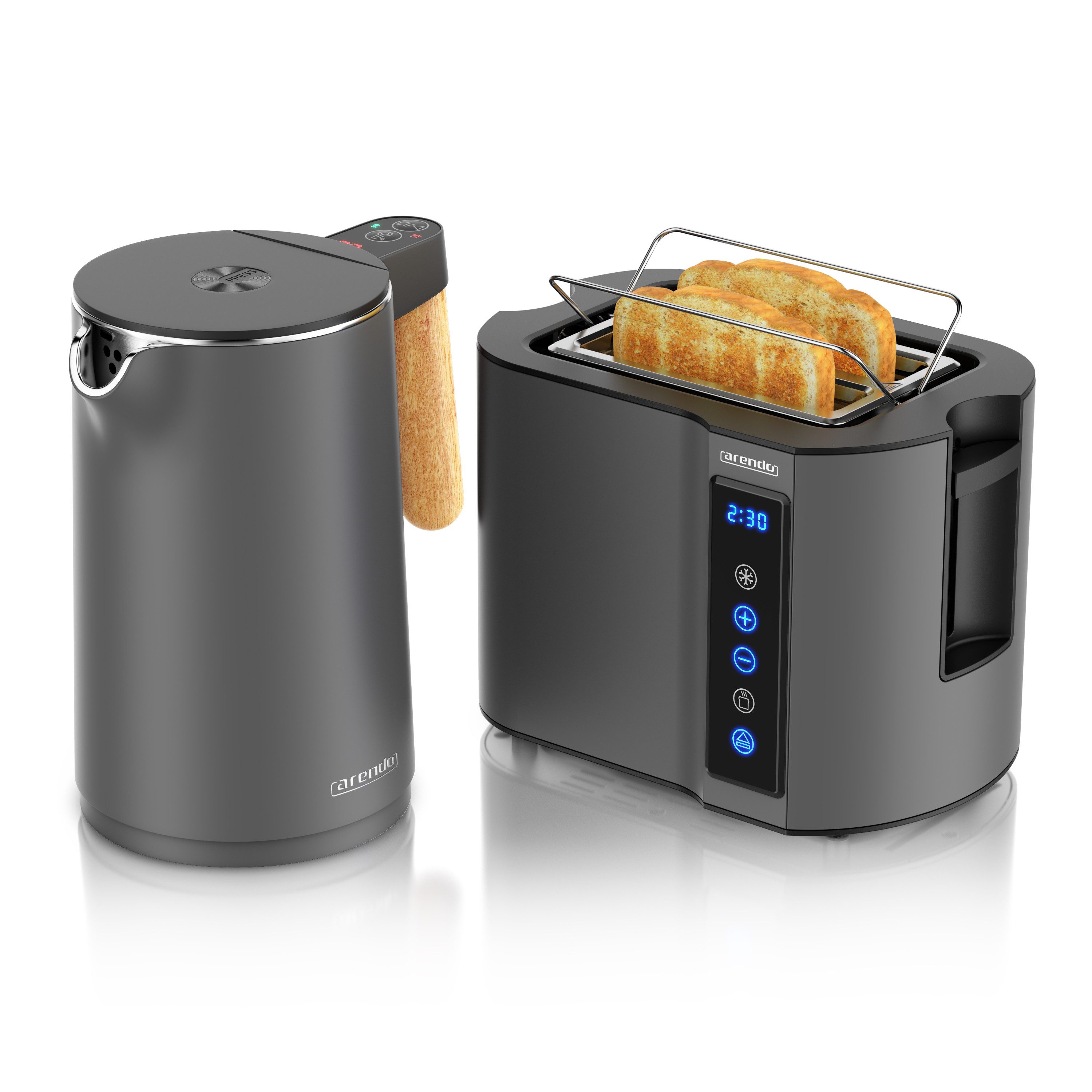 Arendo Frühstücks-Set Edelstahl Wasserkocher 1,5l, 2-Scheiben Kurzschlitz Toaster, Cool Grey (2-tlg), Wasserkocher mit Temperatureinstellung, Toaster Brötchenaufsatz, Touch