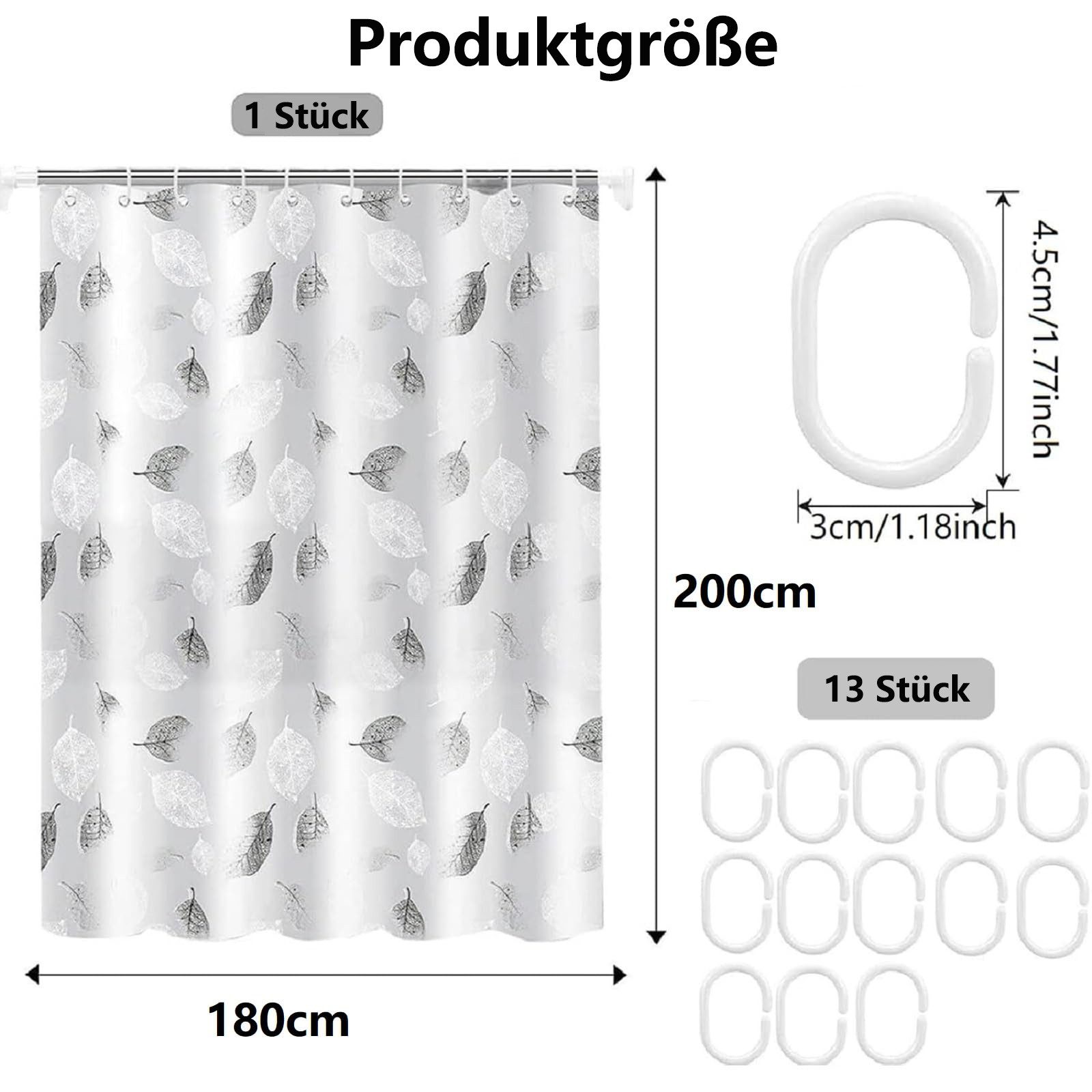FOUORTUNATE-BEE Duschvorhang Blätter Duschvorhang Anti-Schimmel Wasserdichter Duschvorhang Breite 180 cm (Badewanne Vorhang Schnell Trocknend für Badezimmer, Duschvorhang Waschbar mit 13 Ringen)