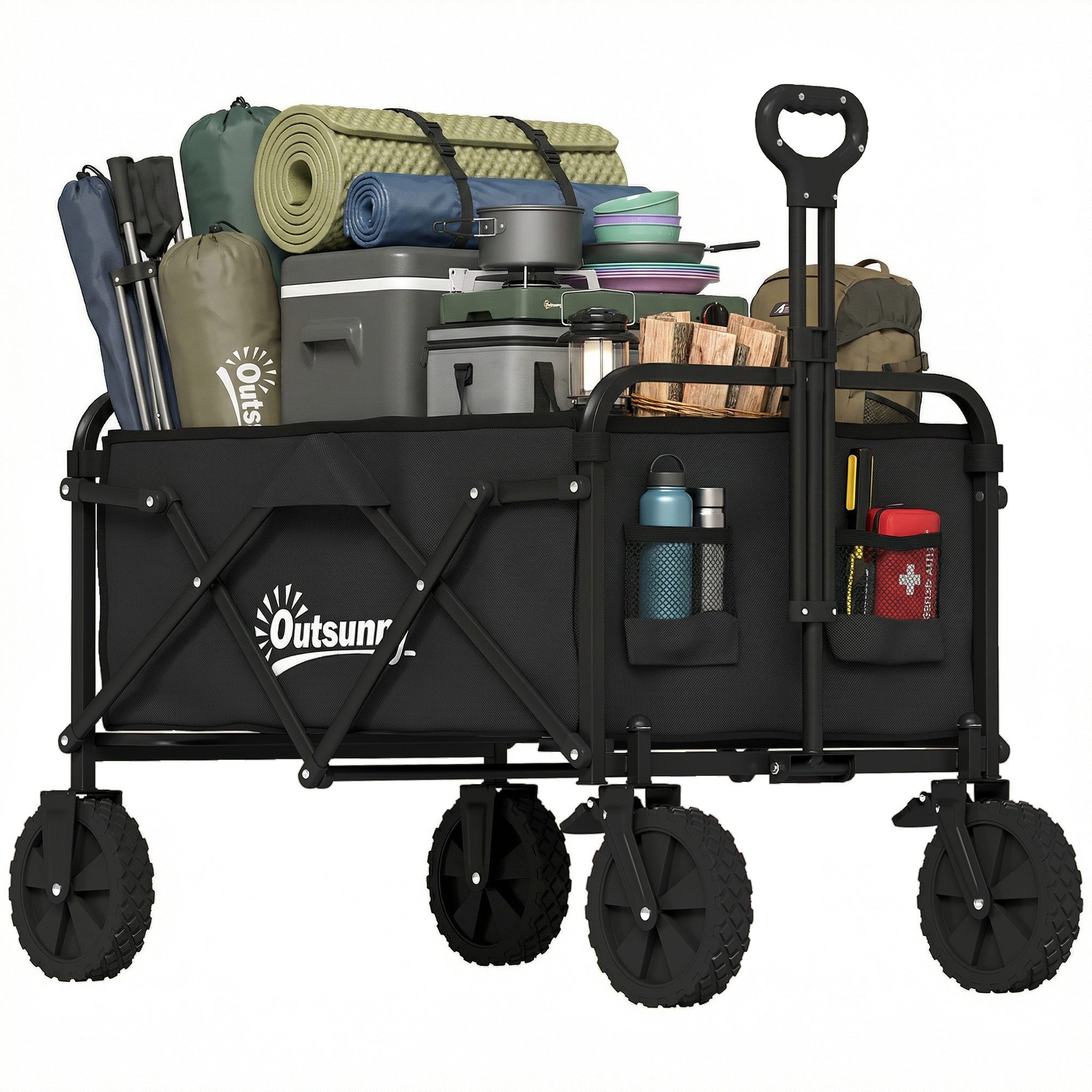 Outsunny Fahrradlastenanhänger Faltbarer Bollerwagen mit Verstellbarer Griffhöhe Getränkehalter, bis 80 kg Tragkraft, für Sport, Einkauf, Camping, Schwarz