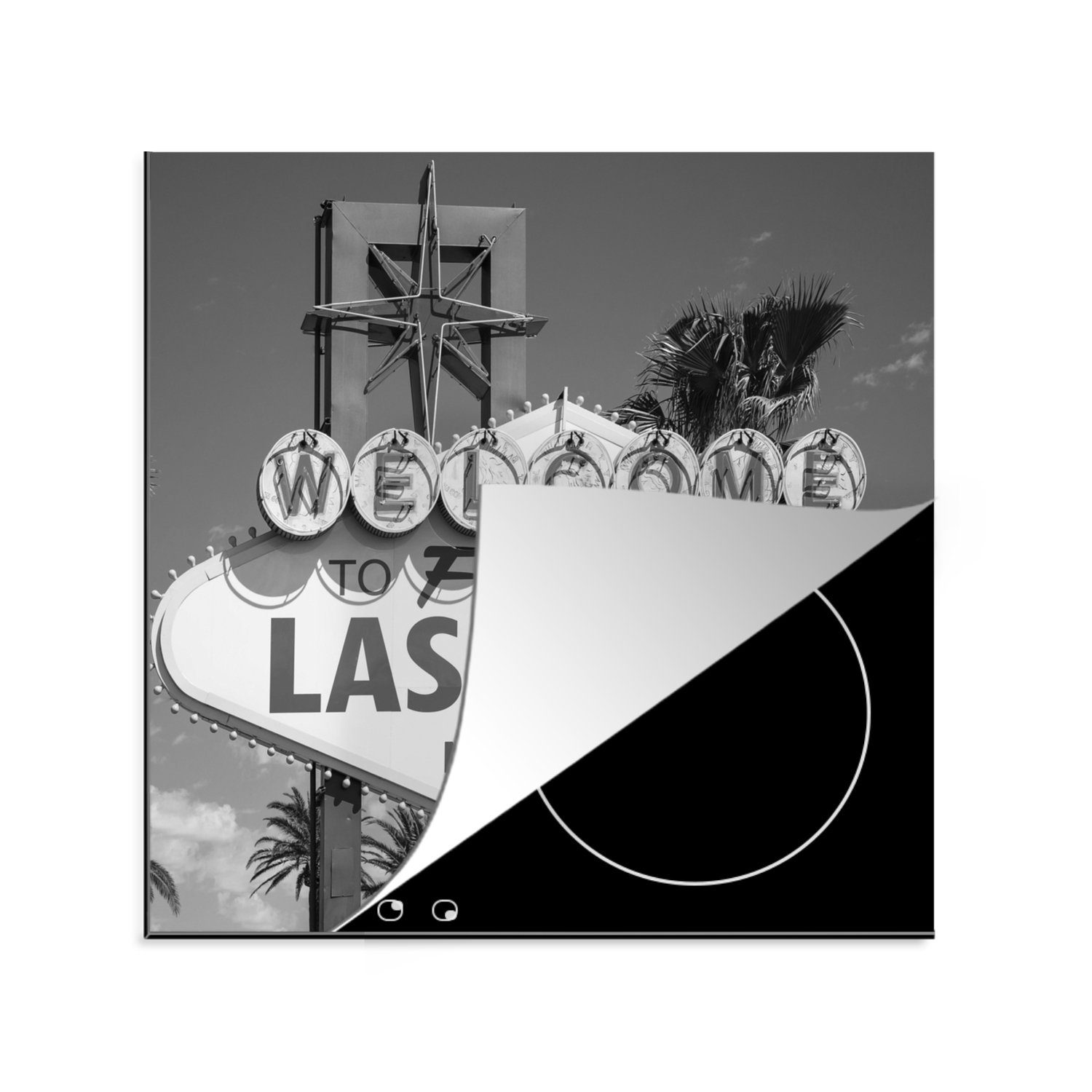 MuchoWow Herdblende-/Abdeckplatte Schwarzes und weißes Willkommensschild Las Vegas, Vinyl, (1 tlg), 78x78 cm, Ceranfeldabdeckung, Arbeitsplatte für küche