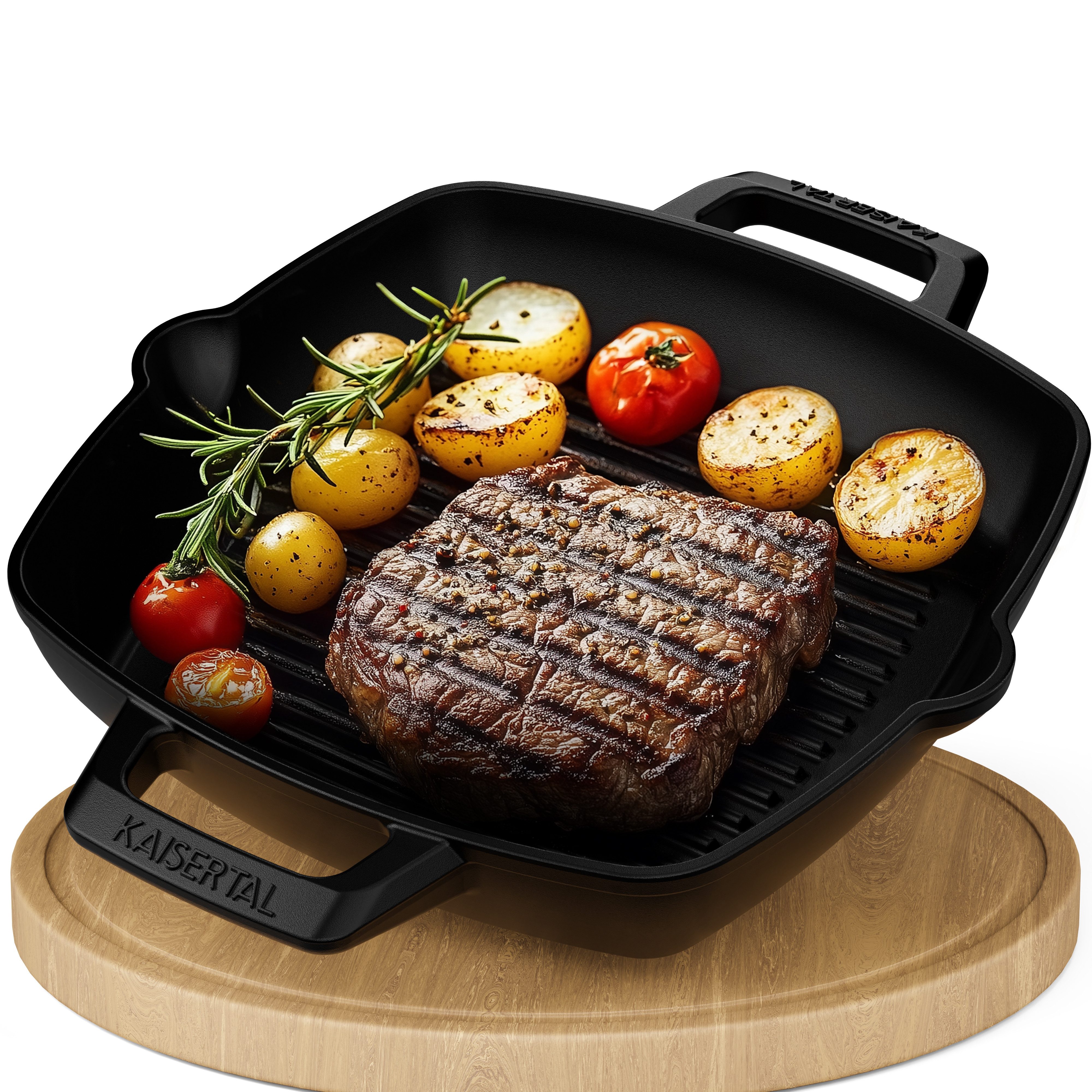 Kaisertal Grillpfanne KAISERTAL Gusseisen Grillpfanne - 27cm Bratfläche - Induktionsgeeignet, Emaille, Grillpfanne Induktion Gusseisenpfanne inkl. Rezeptbuch