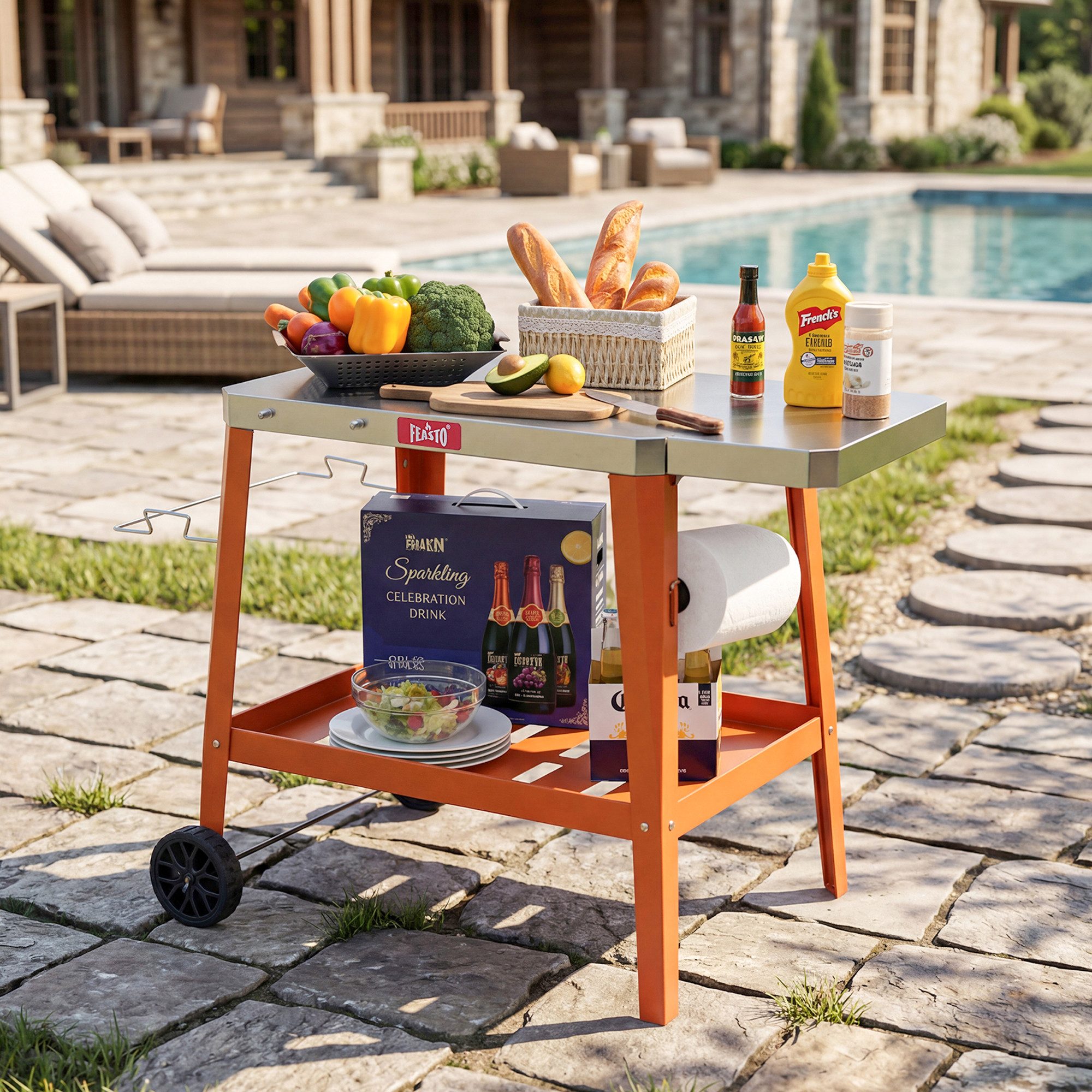 Feasto Servierwagen Grillwagen mit Seitenablage und Edelstahl-Arbeitsplatte, Vielseitiger Grillablagetisch für Garten und BBQ, 95 x 67 x 80 cm