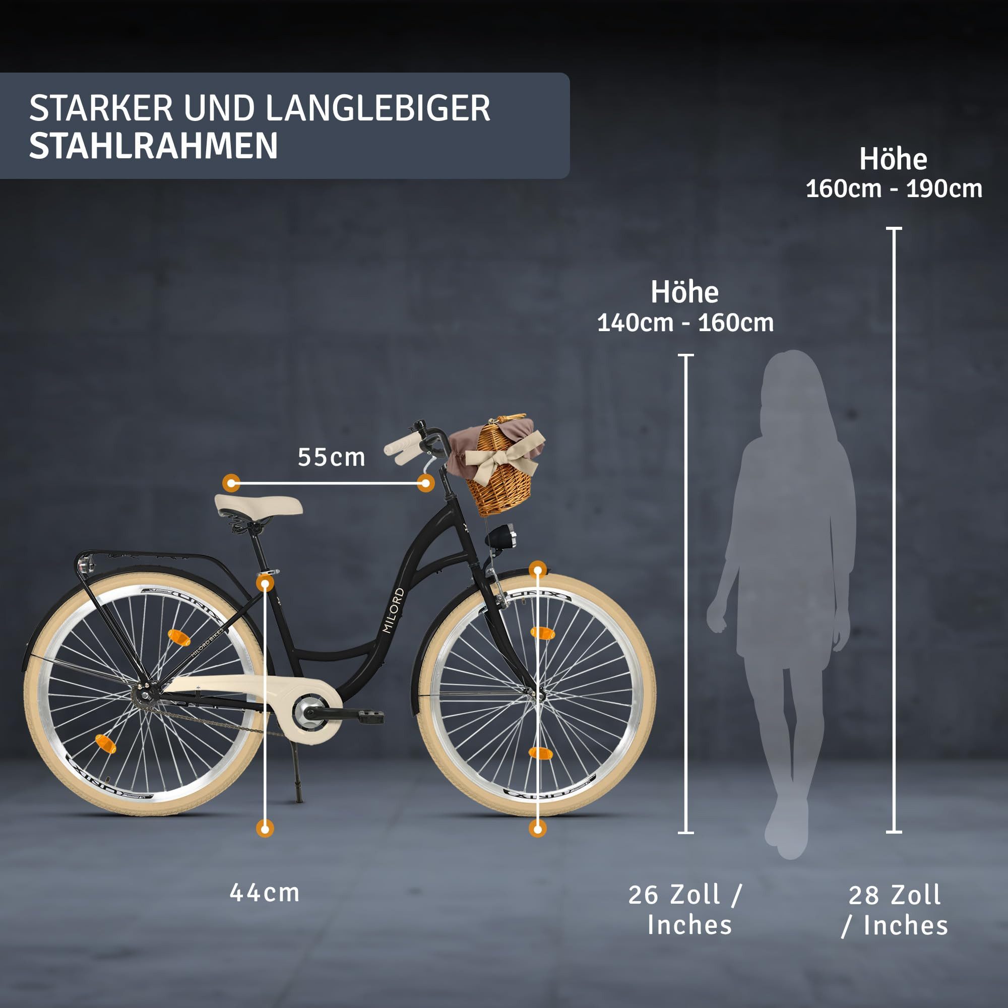 Milord Cityrad Milord City Fahrrad Korb Damen, 28/26 Zoll, Schwarz-Creme, 1-Gang, 1 Gang, (Fahrradständer, Gepäckträger, Klingel, Korb, Kotflügel)