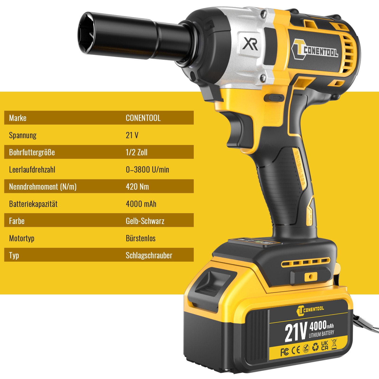 CONENTOOL Akku-Schlagschrauber Akkuschrauber + Schlagschrauber Set, 420,00 Nm, (Set, 16-tlg., 6x Schraubendreher-Bohrer, Steckschliissel), Mit 2x 4000 mAh Akkus, Ladegerät und Box