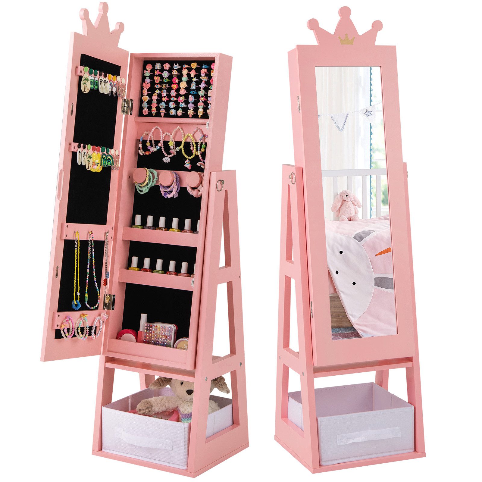 COSTWAY Schmuckschrank Kinder Spiegelschrank mit Haken, Ablagen & Schublade günstig online kaufen