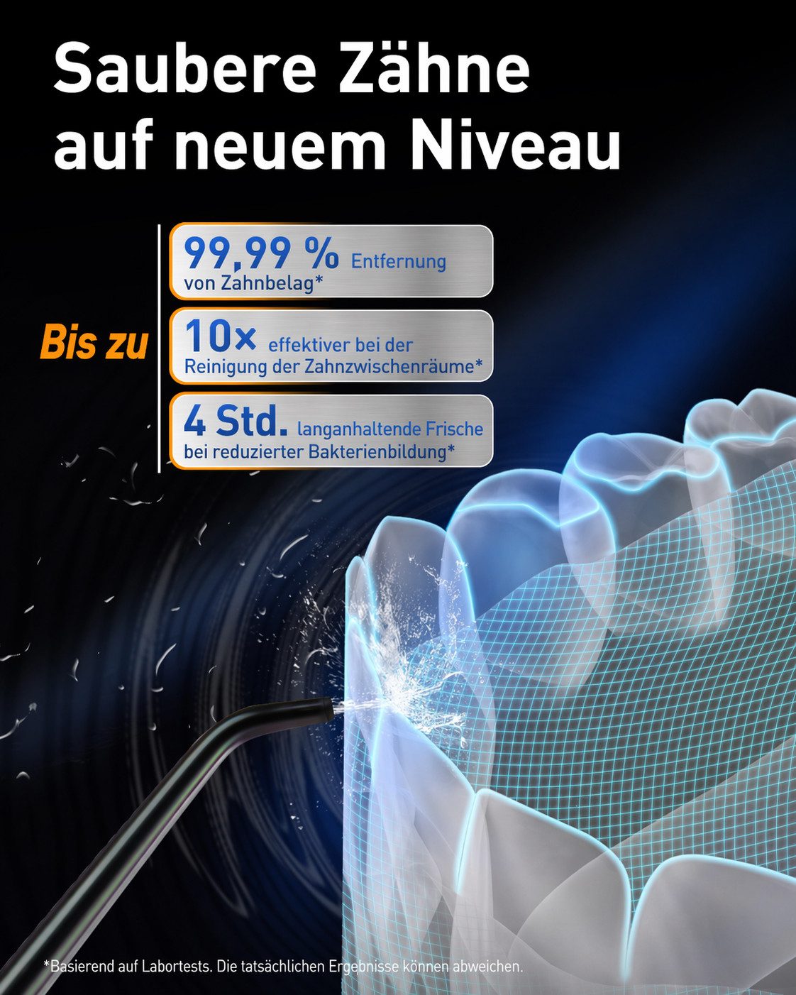 Futicare Munddusche kabellos, 335 ml Wassertank, 4 Modi, 3 Druckstufen, 6 Aufsätze, OLED-Display, UVC-Licht, IPX7, Midnight Black