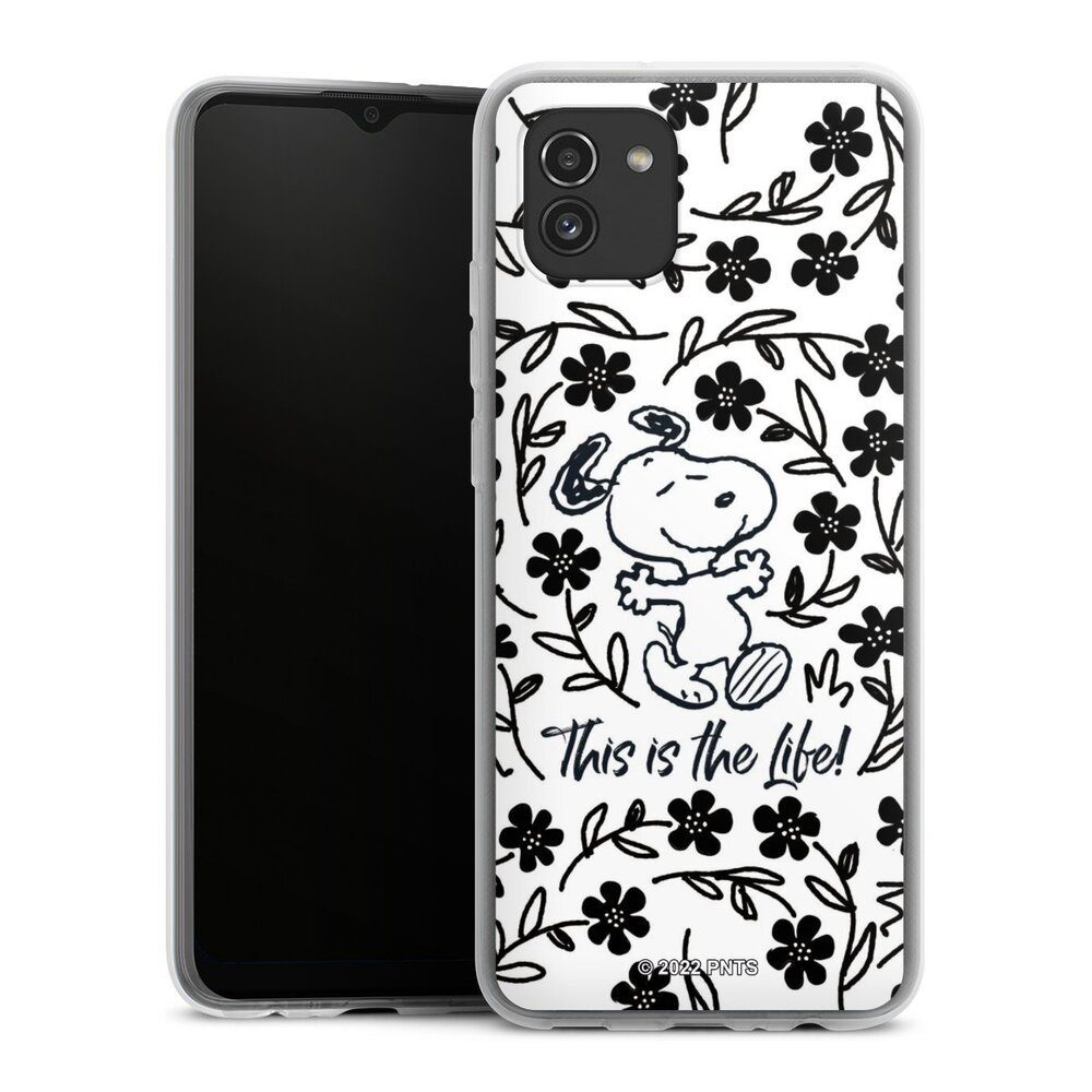 DeinDesign Handyhülle Peanuts Blumen Snoopy Snoopy Black and White This Is The Life, Samsung Galaxy A03 Silikon Hülle Bumper Case Handy Schutzhülle