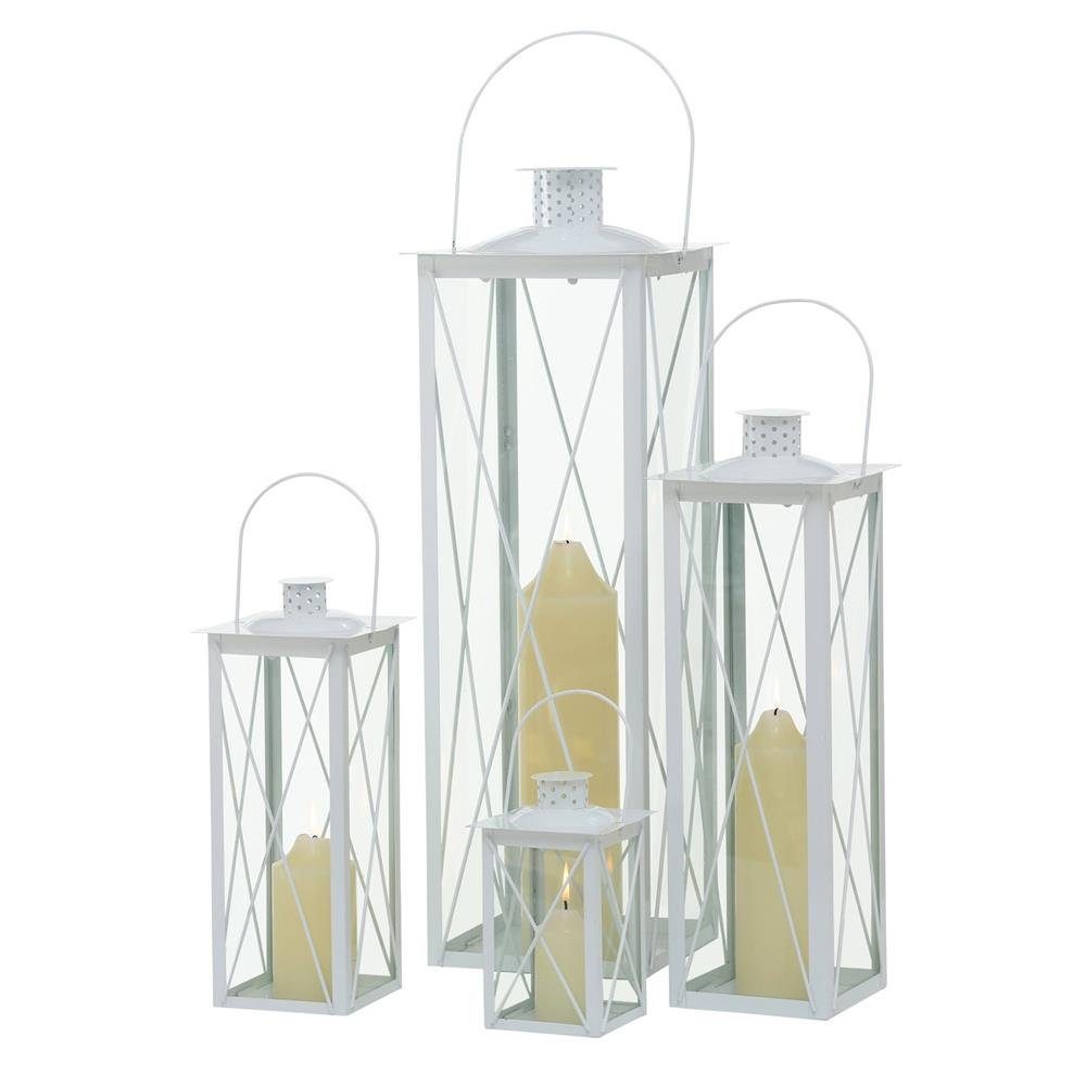 BOLTZE Kerzenlaterne Farol 4er Set, Weiß Eisen Glas Windlicht Kerzenhalter Skandinavisches Design