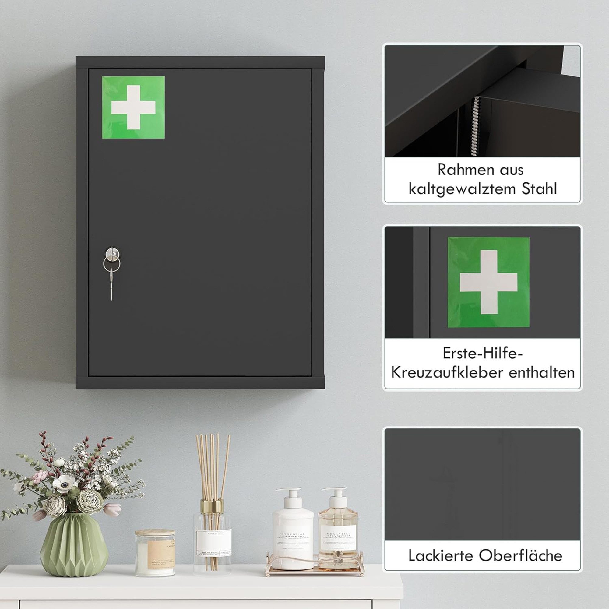 ibettertec Medizinschrank Apothekerschrank, Medikamentenschrank, Erste Hilfe Schrank (Spar-Set, 1-St., 1 x Erste-Hilfe-Kreuz Aufkleber, 1 x Bedienungsanleitung) abschließbar mit 2 Schlüsseln , rost- und feuchtigkeitsbeständig