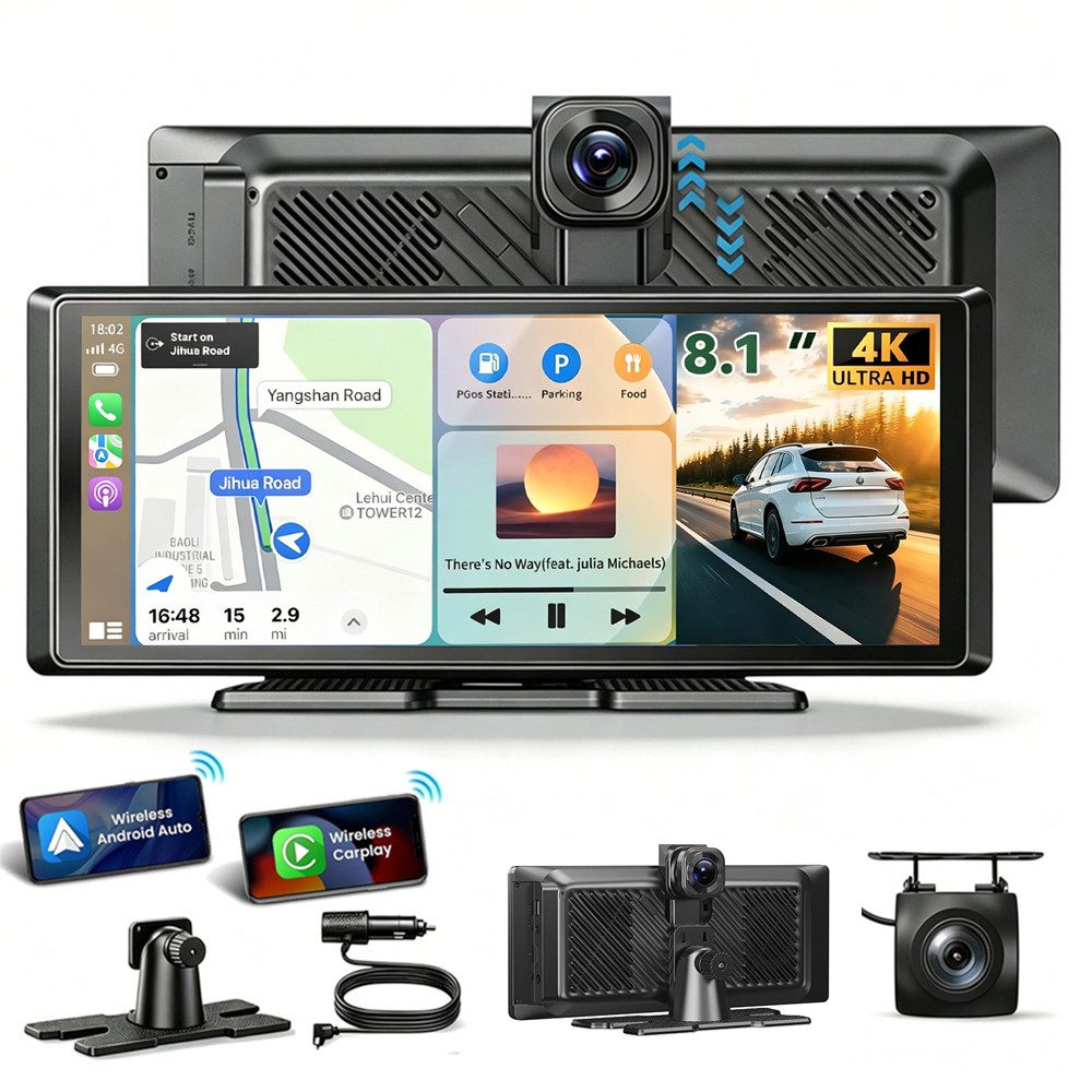 ESSGOO Dashcam CarPlay Tragbarer Android Auto Navigationsgeräte Reifendruck Dashcam (HD, Tragbar Autoradio Rückfahrkamera IPS Touchscreen GPS Navi FM AUX)