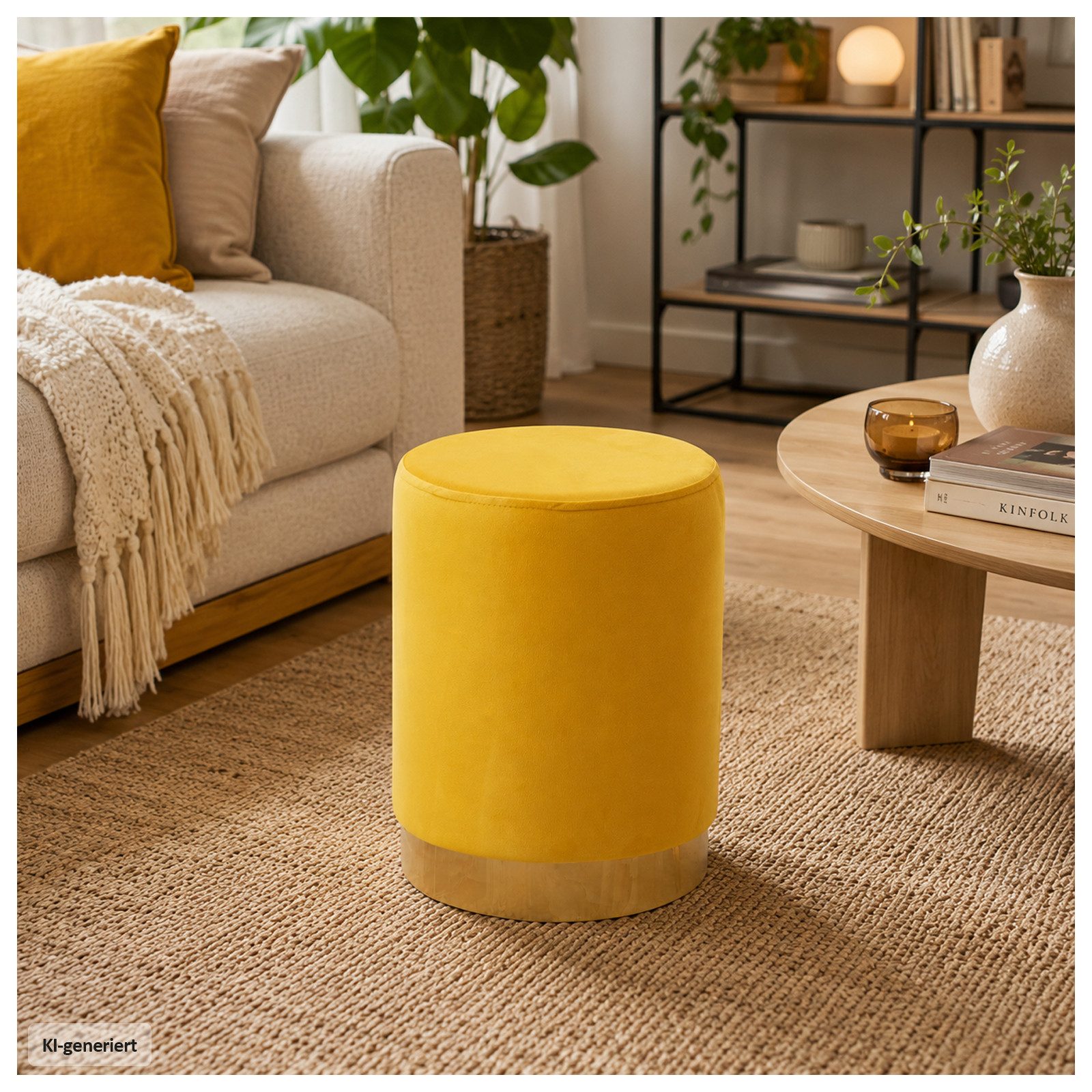 HTI-Living Polsterhocker Hocker Reese Velvet Gelb (1 Stück, 1 St., 1 Hocker), Sitzzylinder mit samtiger Oberfläche und goldenem Sockel