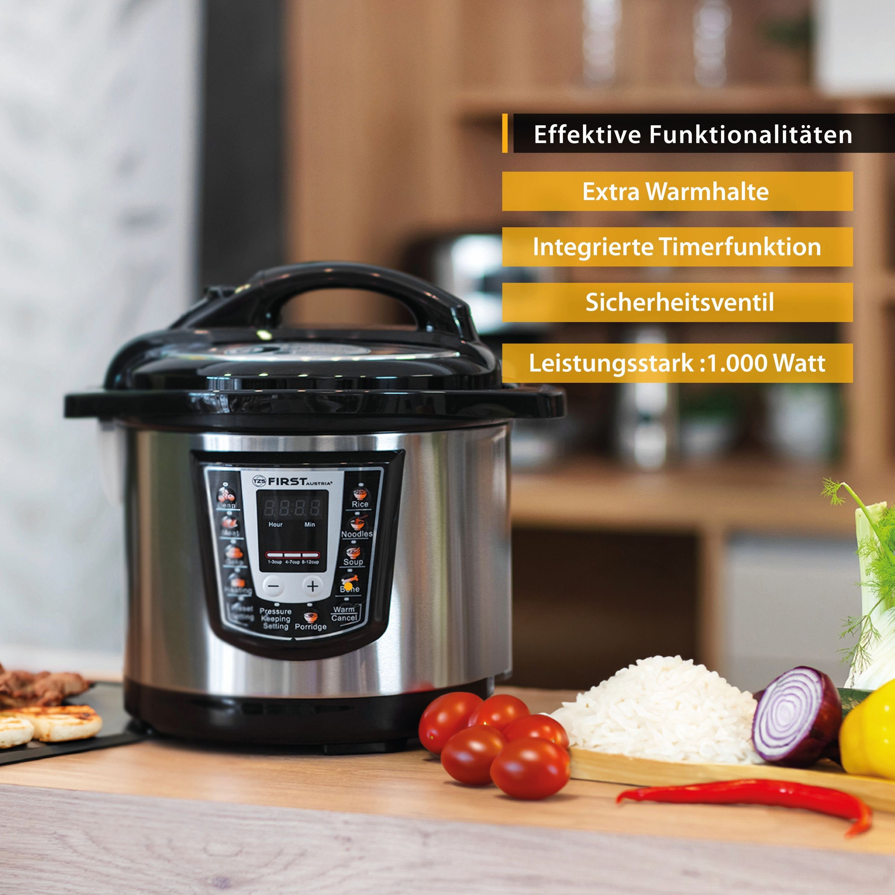 TZS FIRST AUSTRIA Multikocher Druckkochtopf elektrisch 6L, Multikocher, 9 Programme, Silber, 1000 W, 6 l Schüssel, Schnellkochtopf, Reiskocher, Warmhaltefunktio – Bild 5 von 5
