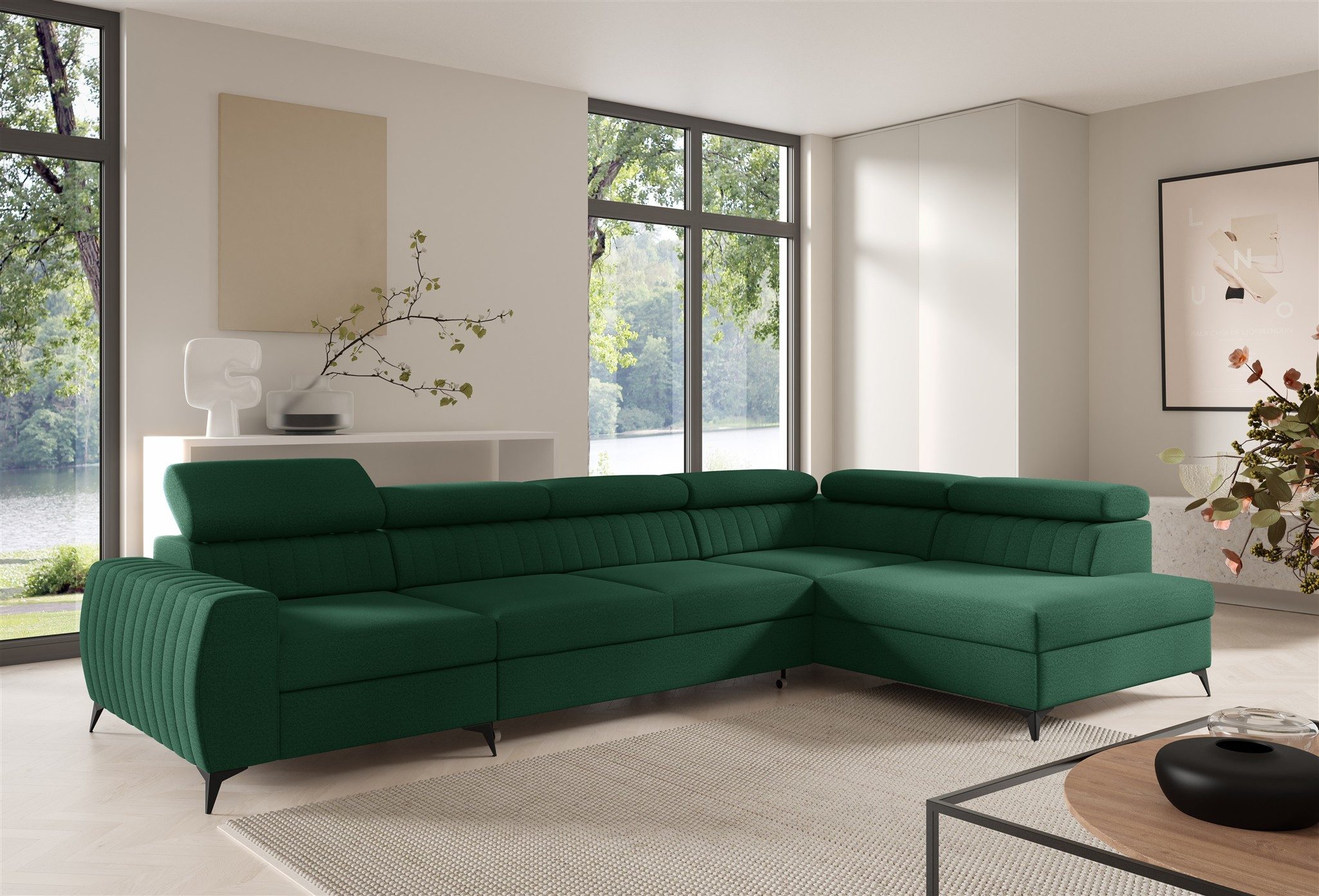 Fun Möbel Ecksofa Schlafsofa Sofa TORONTO XL, Dunkelgrün, Ottomane Rechts