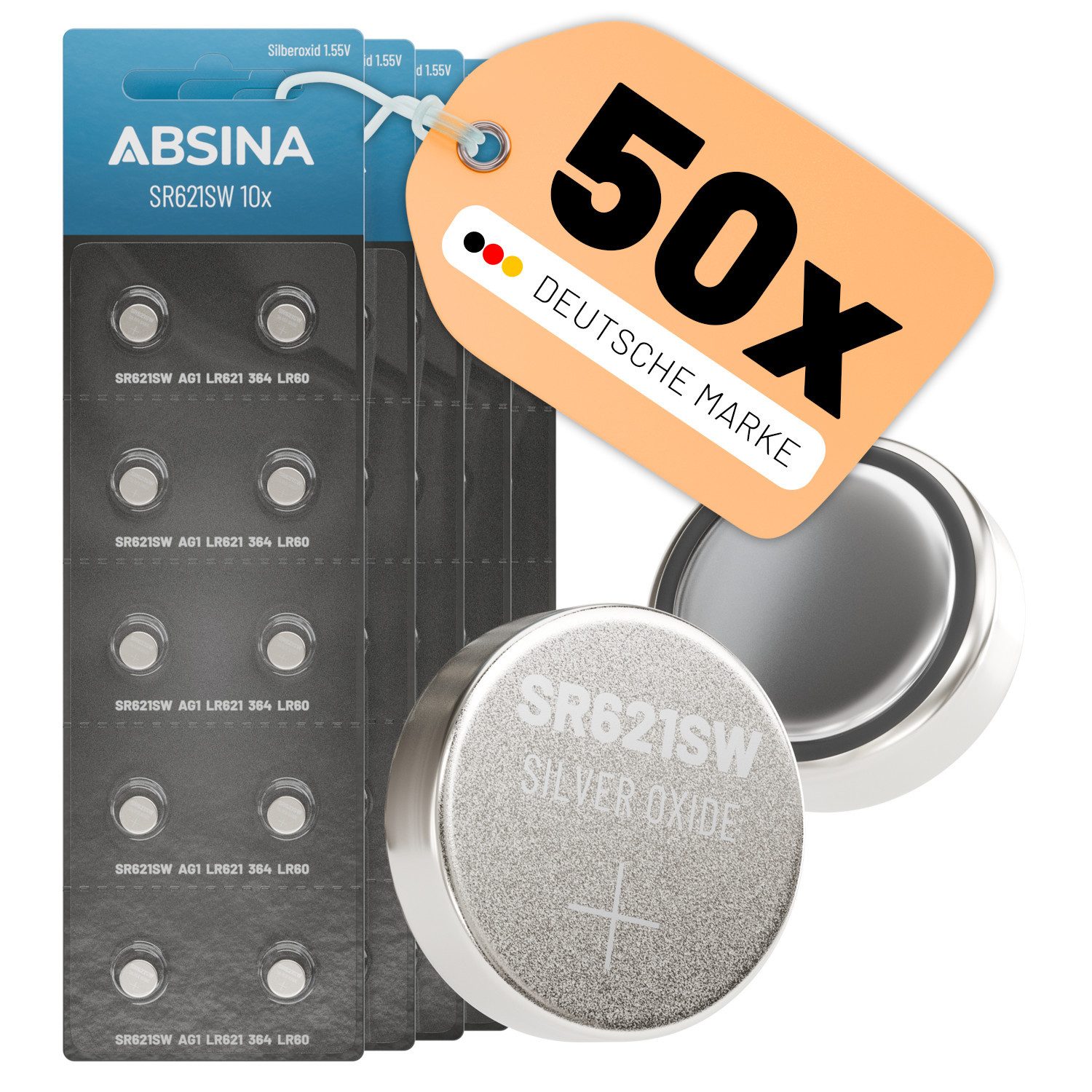 ABSINA SR621SW Uhrenbatterie 1,55V Silberoxid 50er Pack - Knopfzelle LR621 Knopfzelle, (5 St)