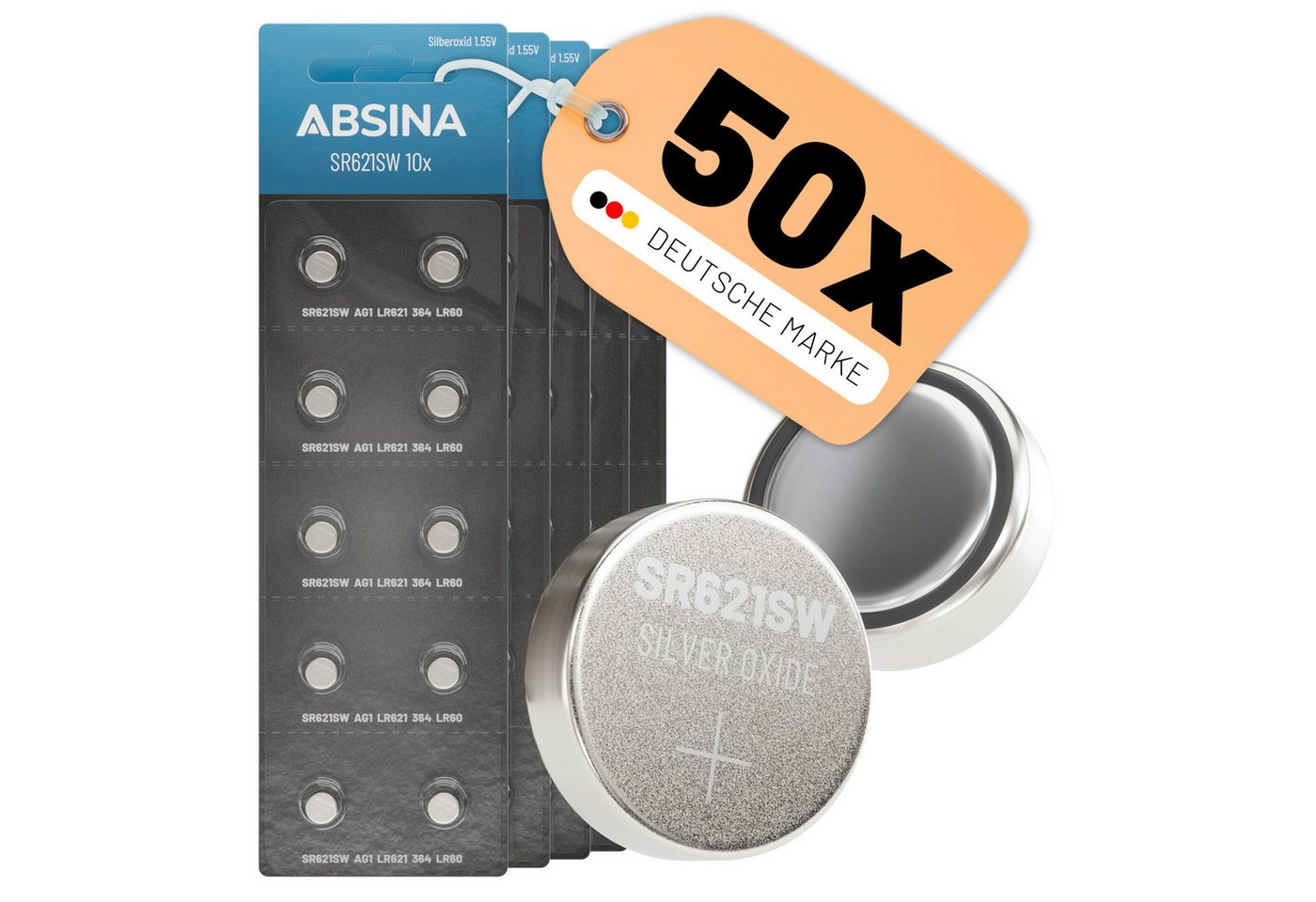 ABSINA SR621SW Uhrenbatterie 1,55V Silberoxid 50er Pack - Knopfzelle LR621 Knopfzelle, (5 St)