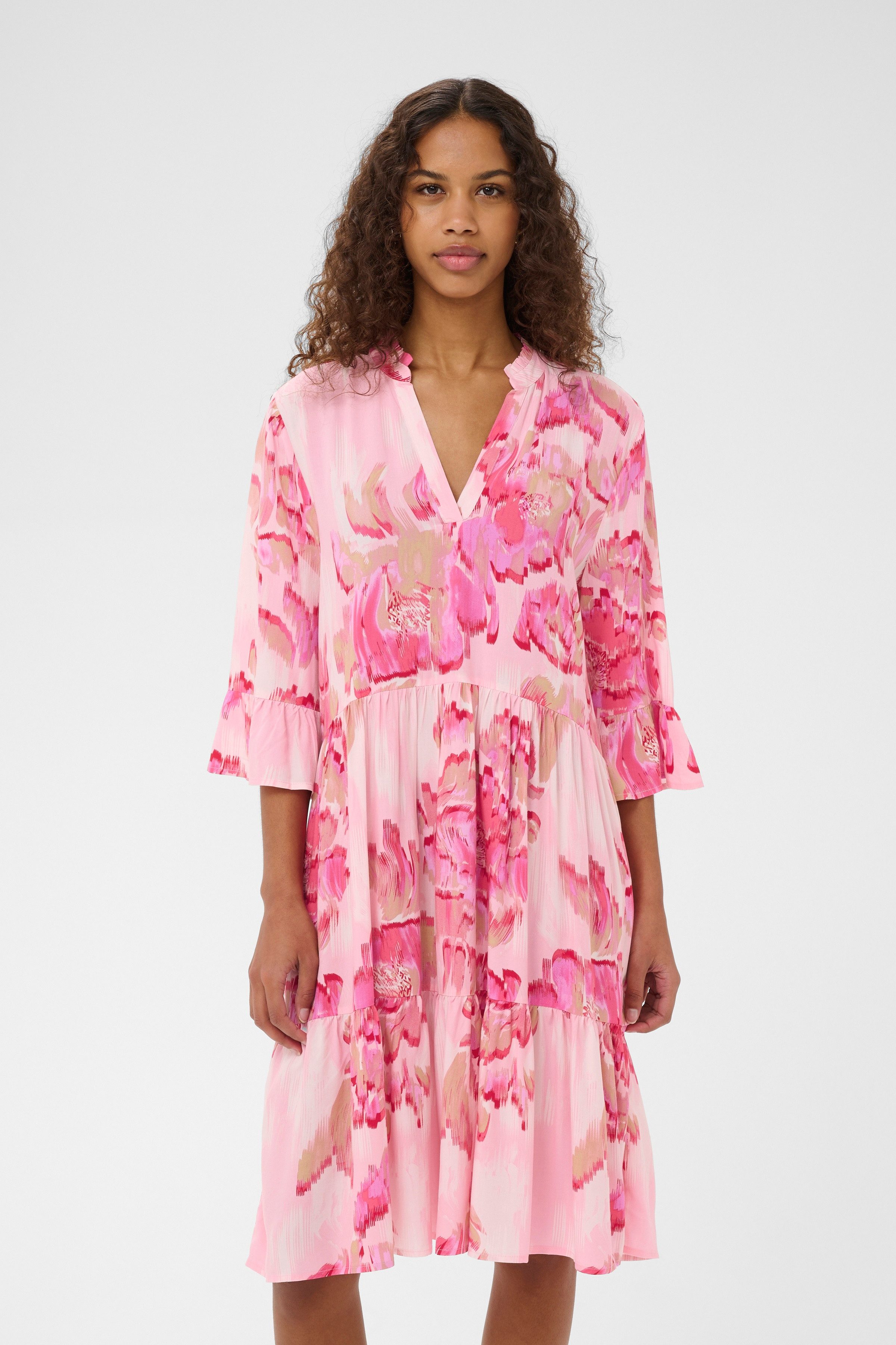 Saint Tropez Blusenkleid EdaSZ Dress Sommerkleid, Tunikakleid mit Volant und 3/4 Ärmel