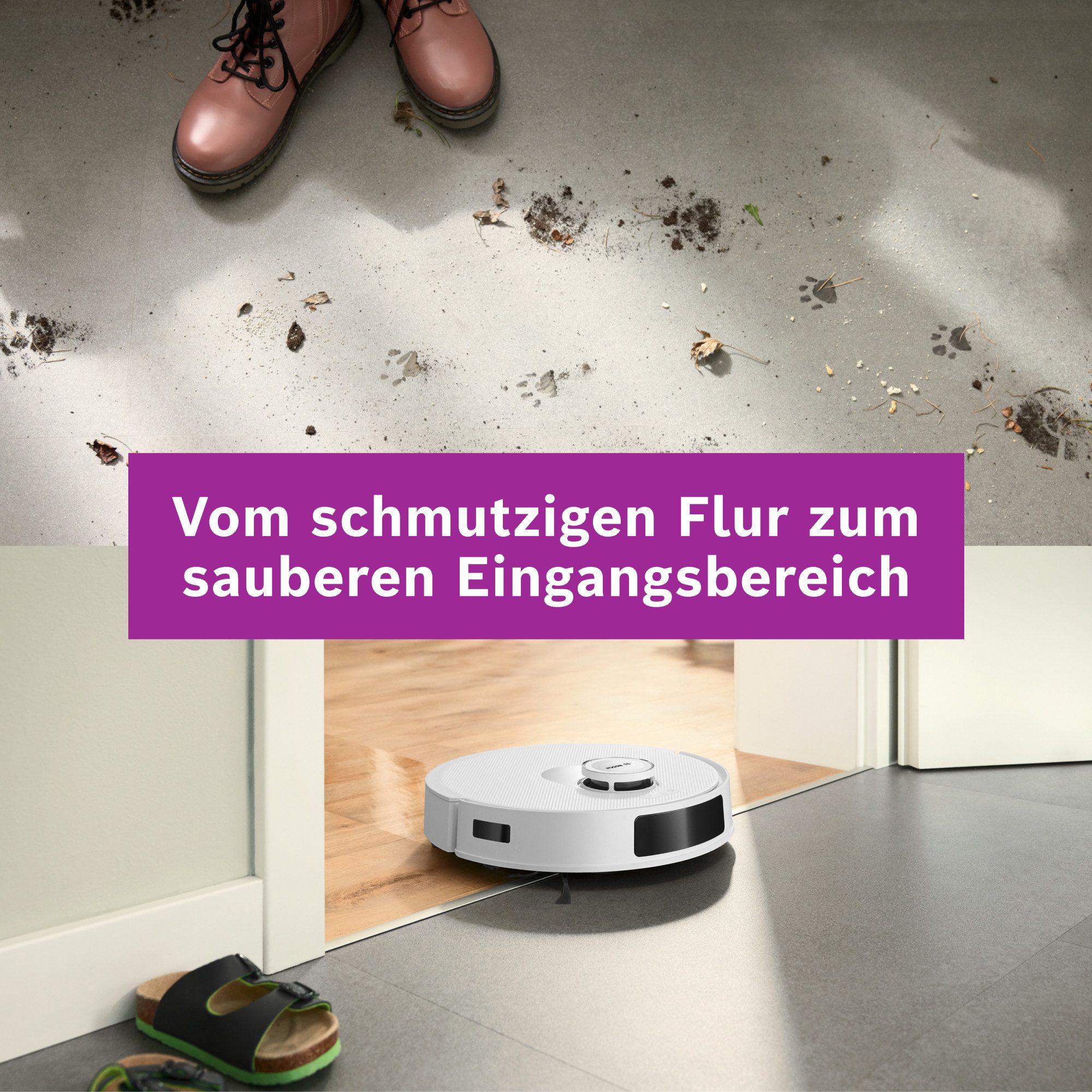BOSCH Saugroboter Spotless + BCRD1W, Saugroboter mit Wischfunktion, 11.000 Pa Saugkraft, 60 W, beutellos, Trocken-Servicestation, Infrarot Navigation, Carbon Bürste