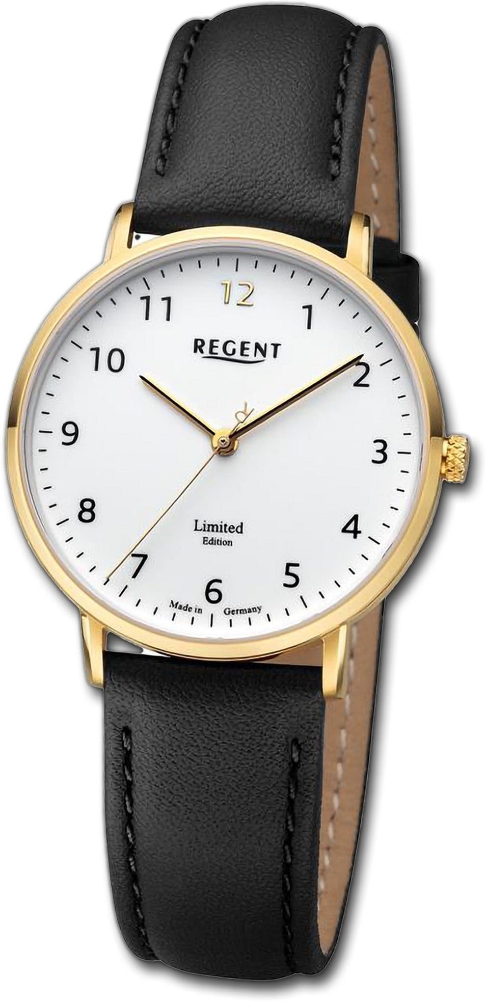 Regent groß schwarz, Armbanduhr (ca. rundes Damen Quarzuhr 32mm) Lederarmband Analog, extra Damenuhr Gehäuse, Regent