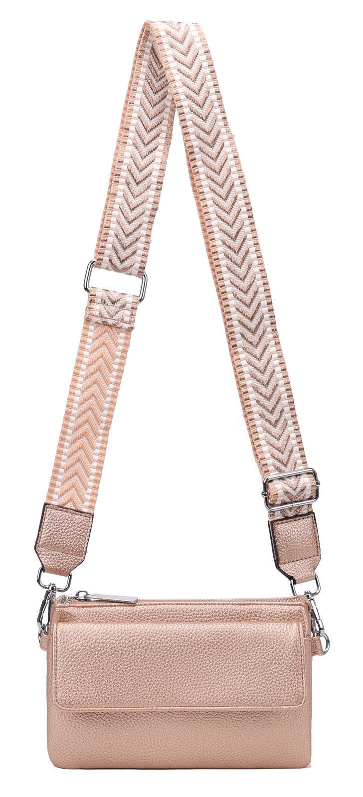 ITALYSHOP24 Geldbörse Damen Umhängetasche CrossBody Brieftasche Geldbörse Handytasche Reise (Tasche mit einem breitem Muster Stoffgurt/Umhängeband), Bodybag Cross Bag Schmucktasche Brieftasche Clutch Abendtasche